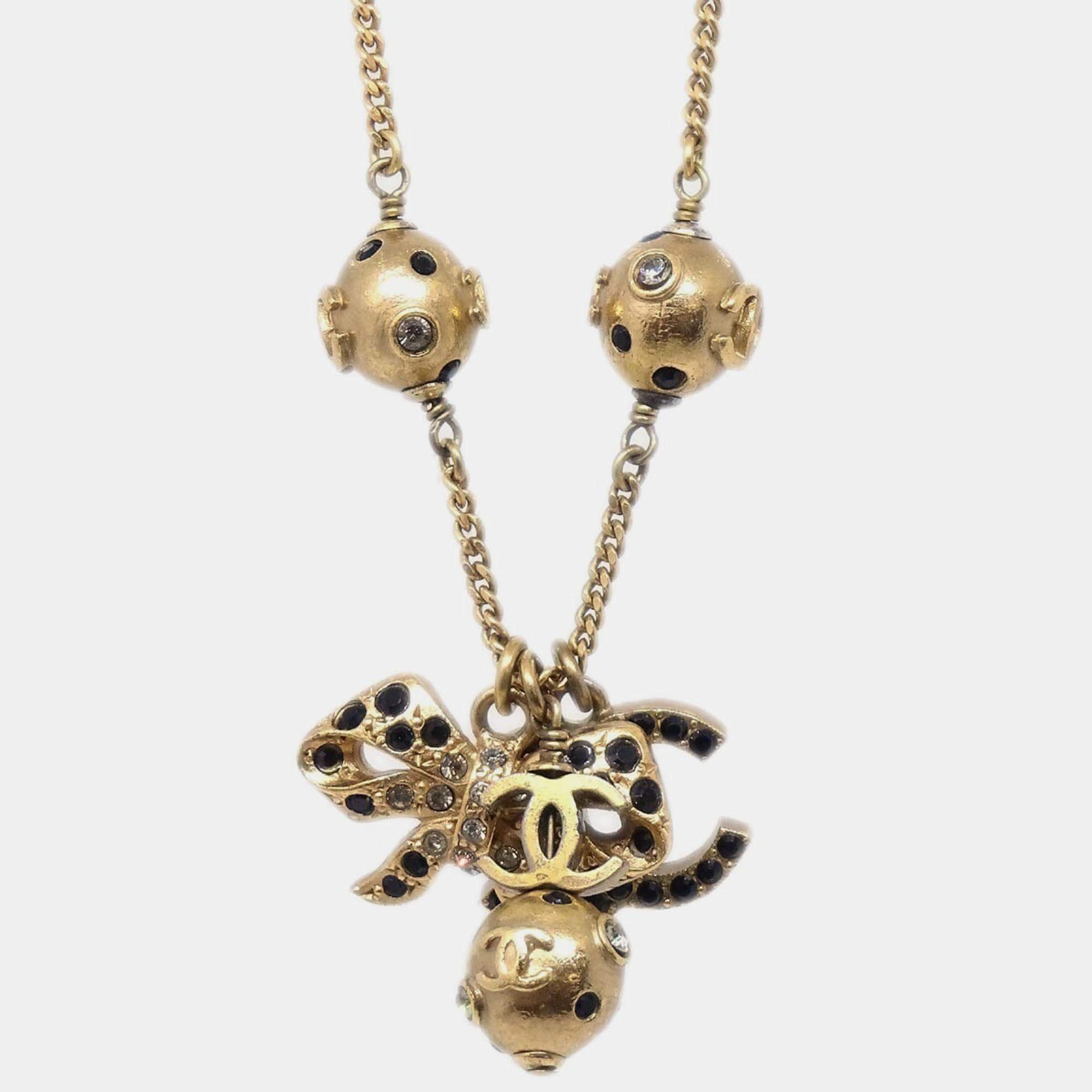 Pre Owned Chanel Icon Gold Chain Pendant Necklace Rhinestone