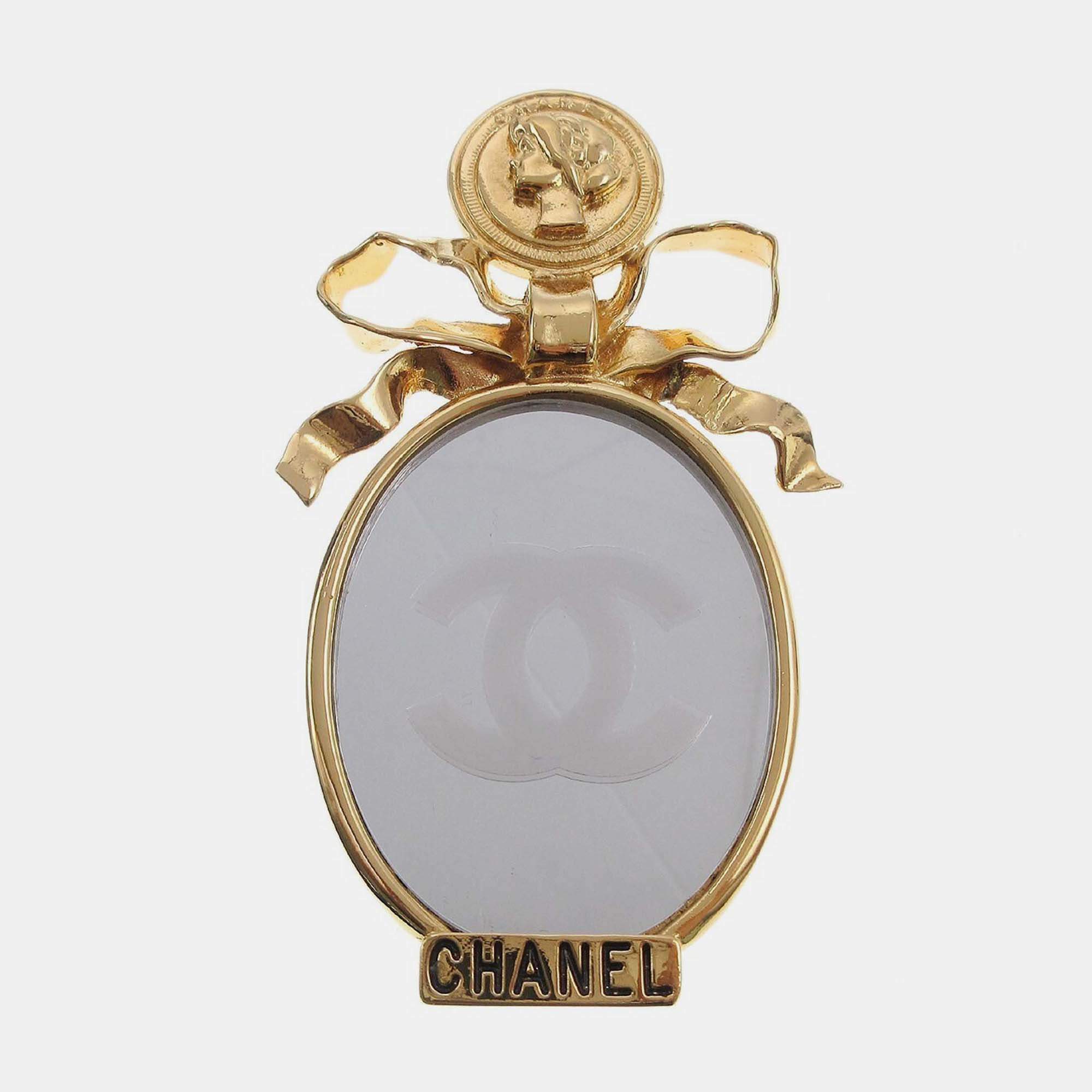 Pre Owned Chanel Bow Mirror Brooch Pin Gold