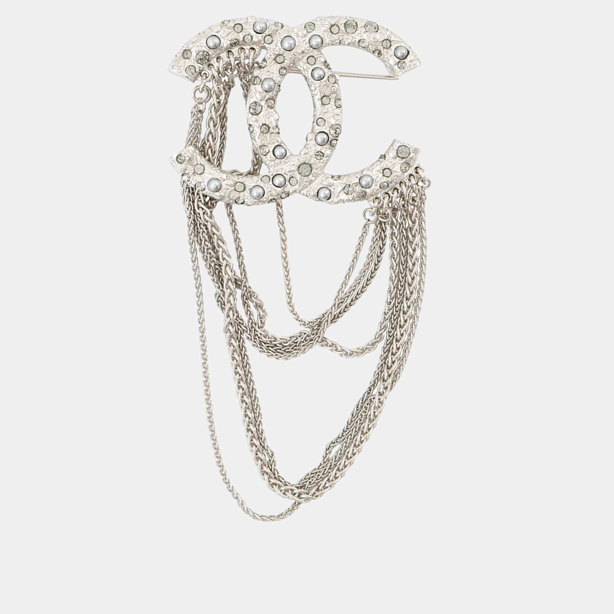 Pre Owned Chanel Brooch Cc Logo Metal Rhinestone Faux Pearl