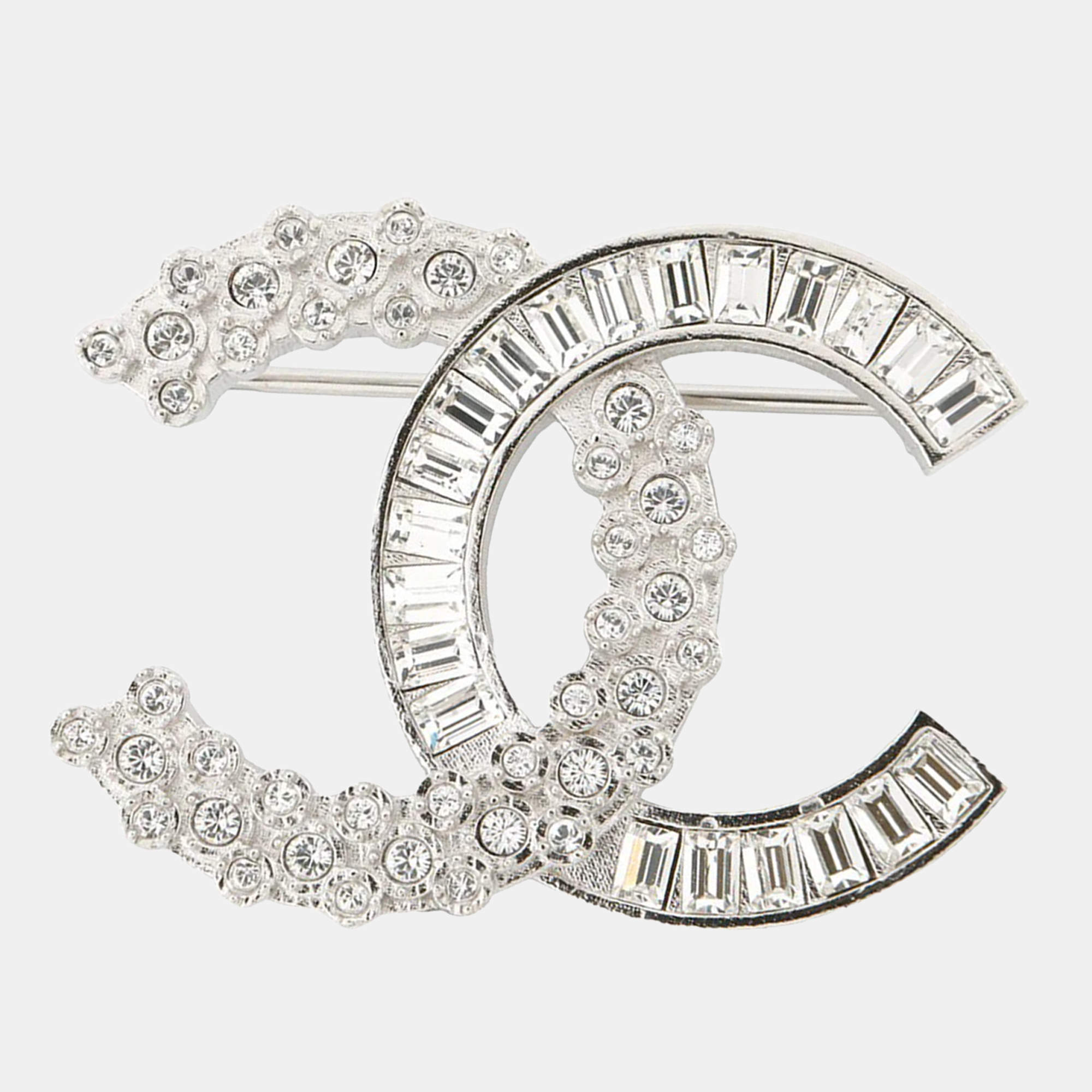 Pre Owned Chanel Brooch Cc Logo Metal Rhinestone