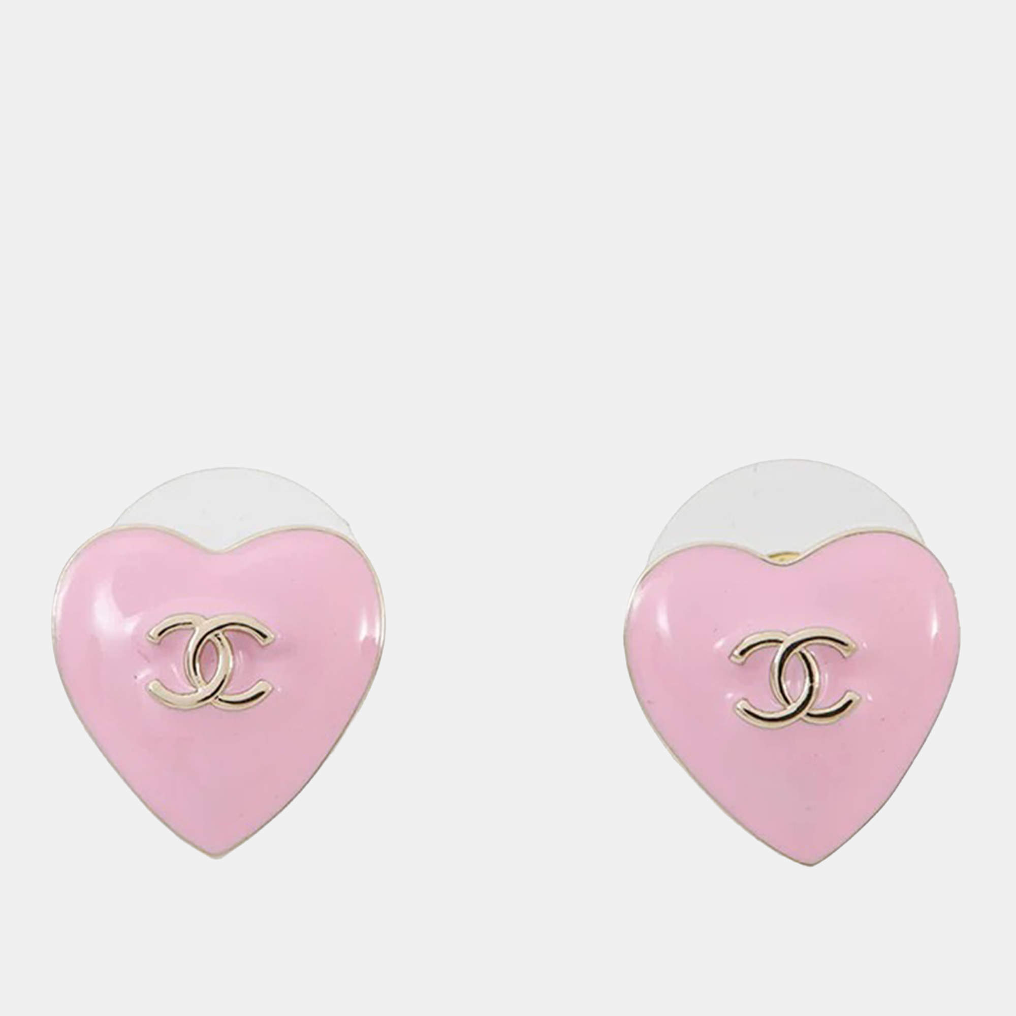 Pre Owned Chanel Cc Logo Heart Earrings Pink Metal