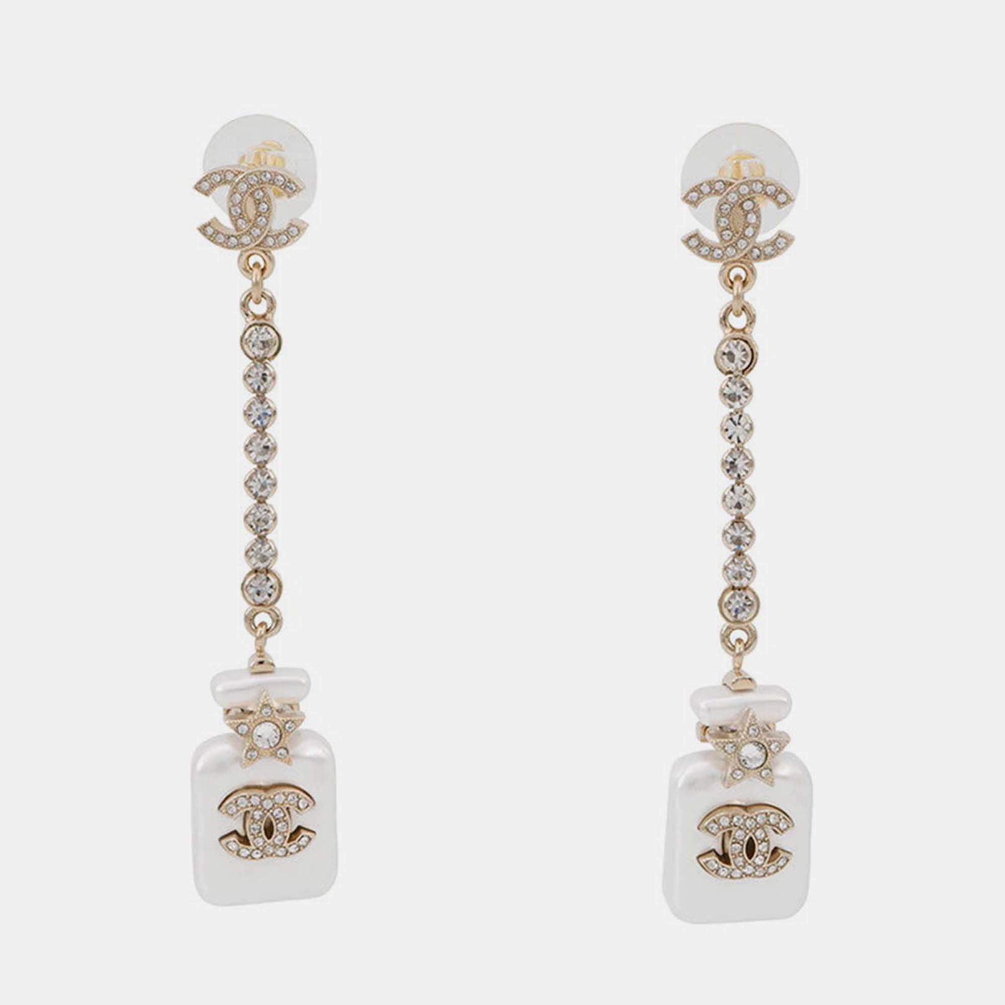 Pre Owned Chanel Perfume Bottle Swing Earrings Metal Rhinestone