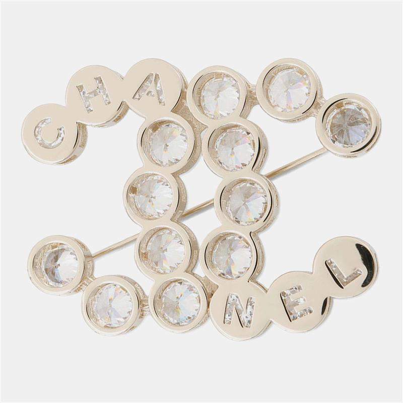 Pre Owned Chanel CC Logo Rhinestone Gold Plated Brooch 