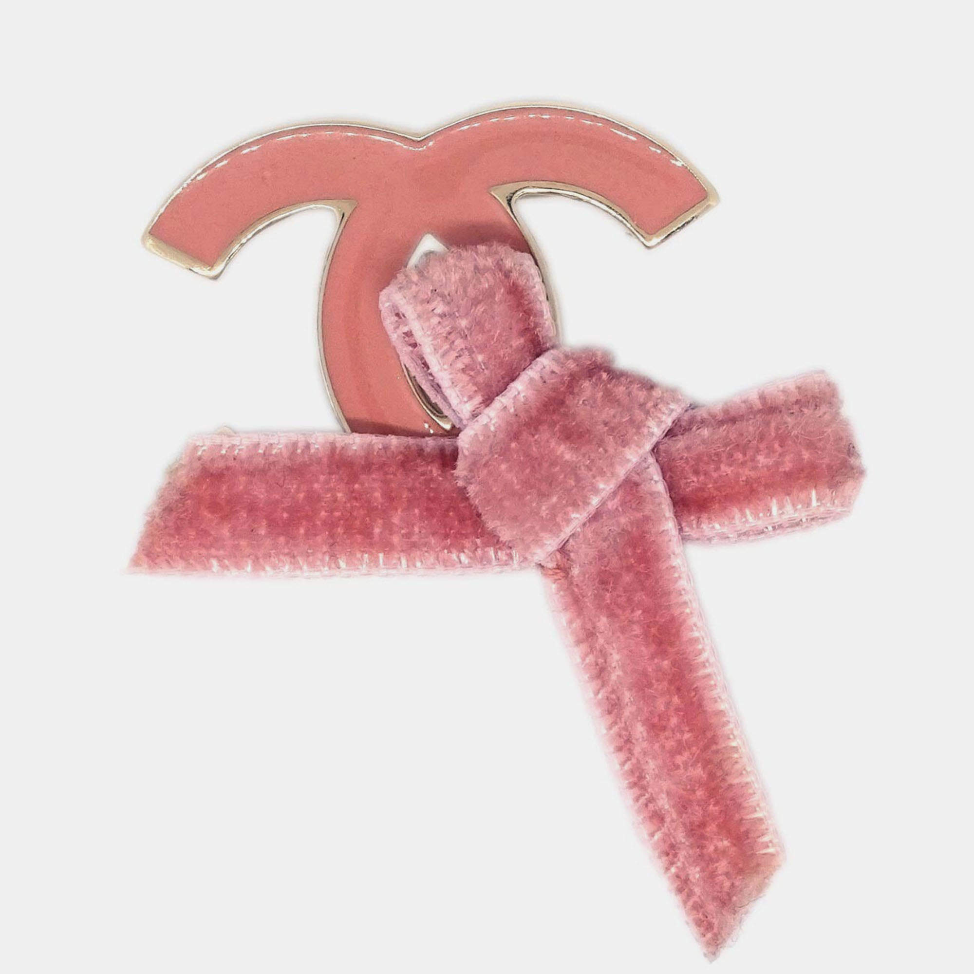 Pre Owned Chanel CC Bow Brooch Pin Pink