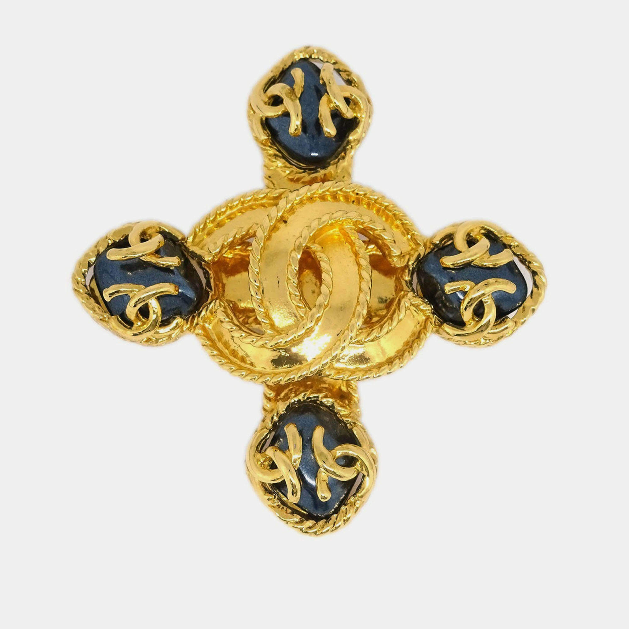 Pre Owned Chanel Brooch Pin Gold Cross Stone