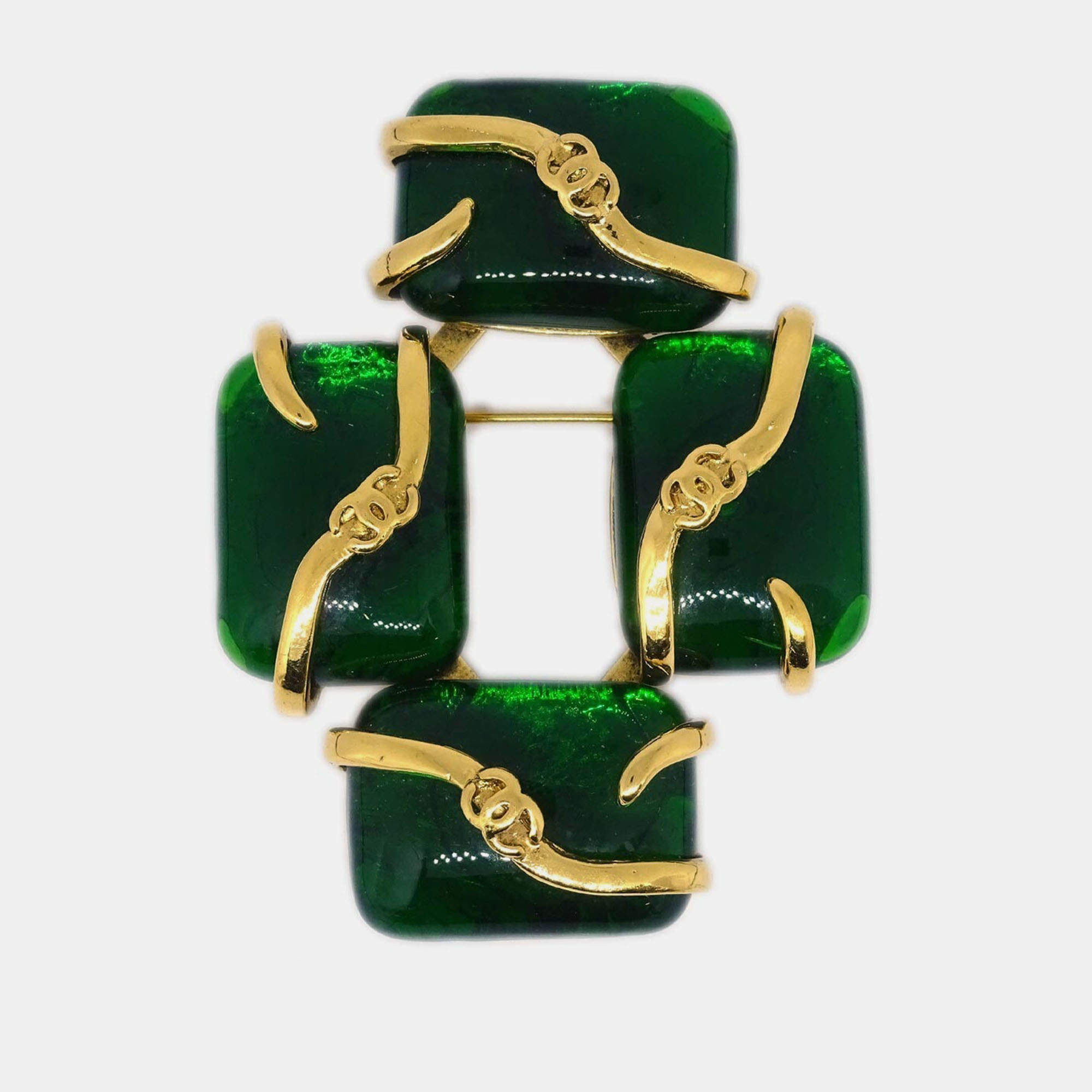 Pre Owned Chanel Gripoix Brooch Pin Gold Green
