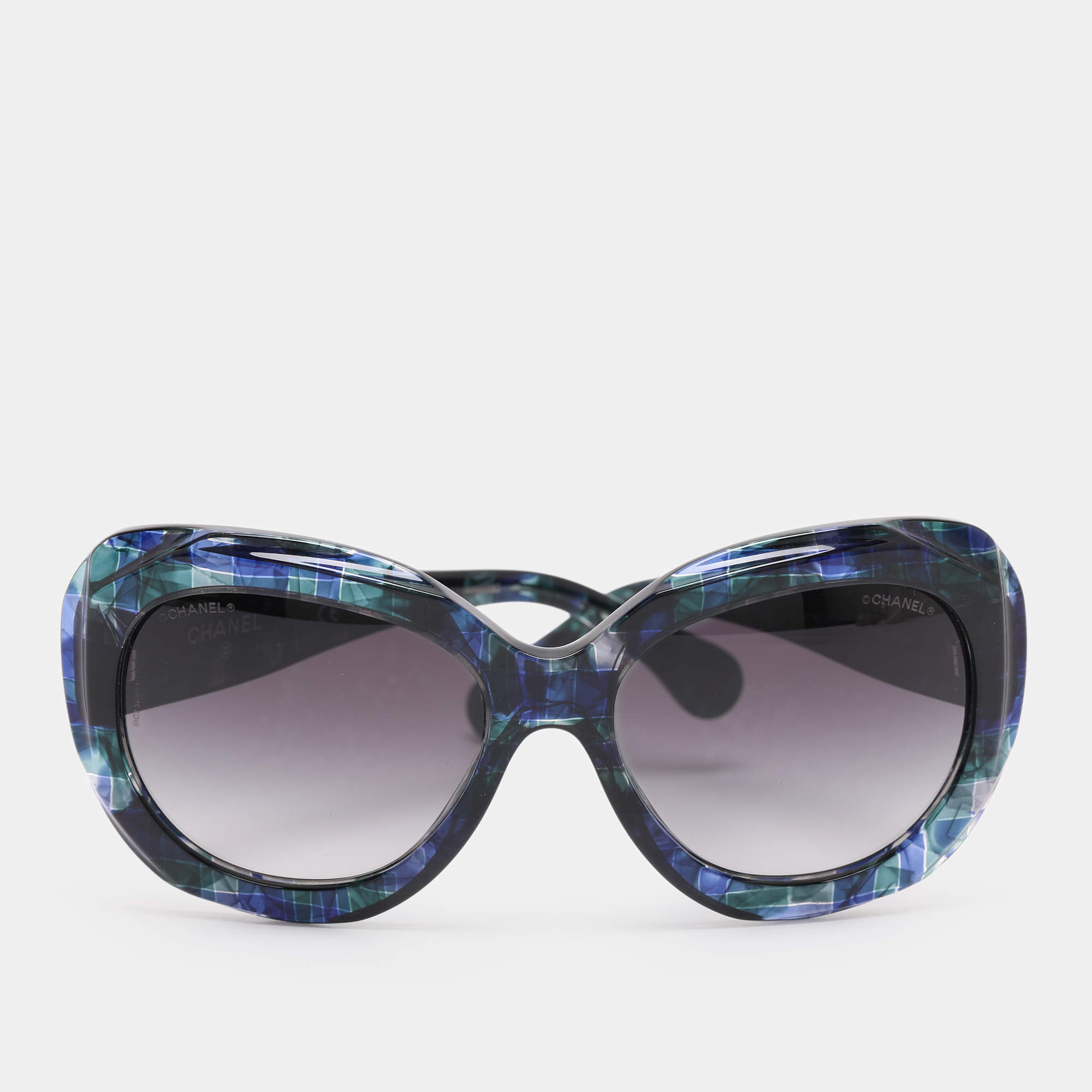 Pre Owned Chanel Blue/Green Plaid Print Acetate 71083 Oversized Frame Sunglasses