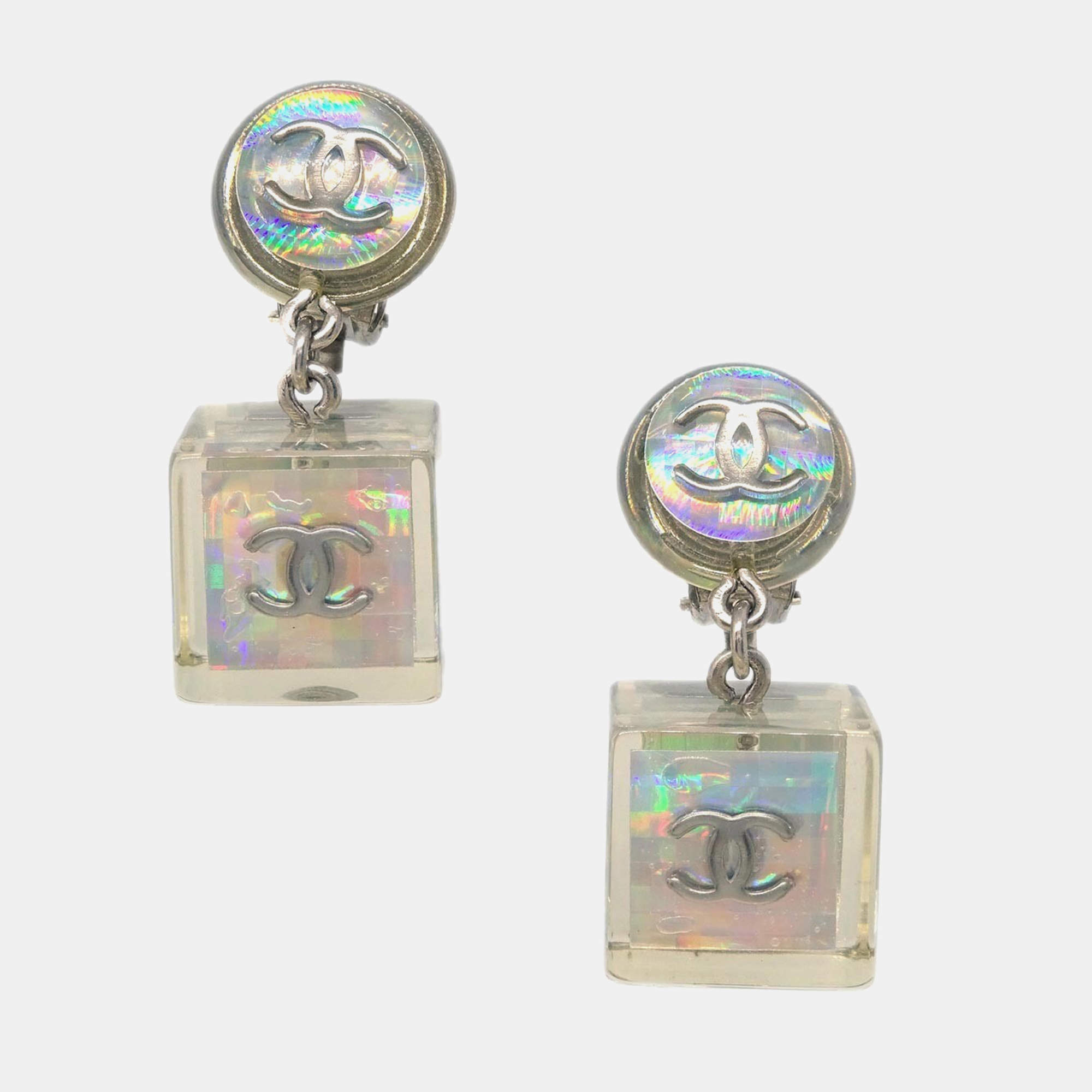 Pre Owned Chanel Dangle Cube Earrings Clip-On Clear
