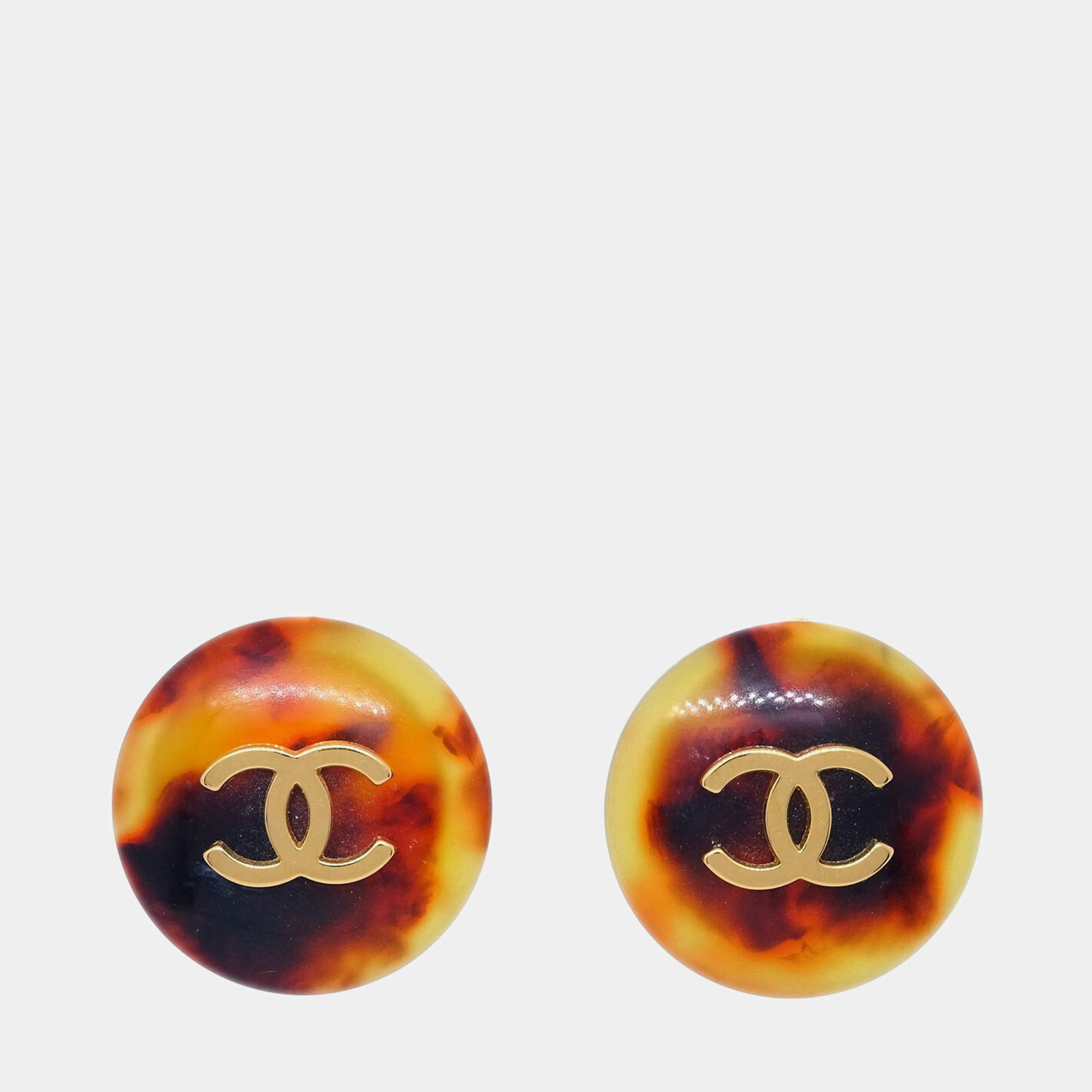 Pre Owned Chanel Button Earrings Clip-On Brown