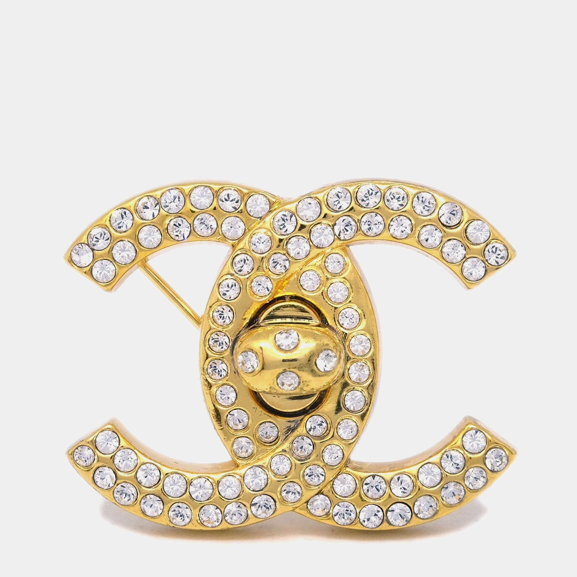 Pre Owned Chanel CC Turnlock Rhinestone Charm Brooch Pin Gold