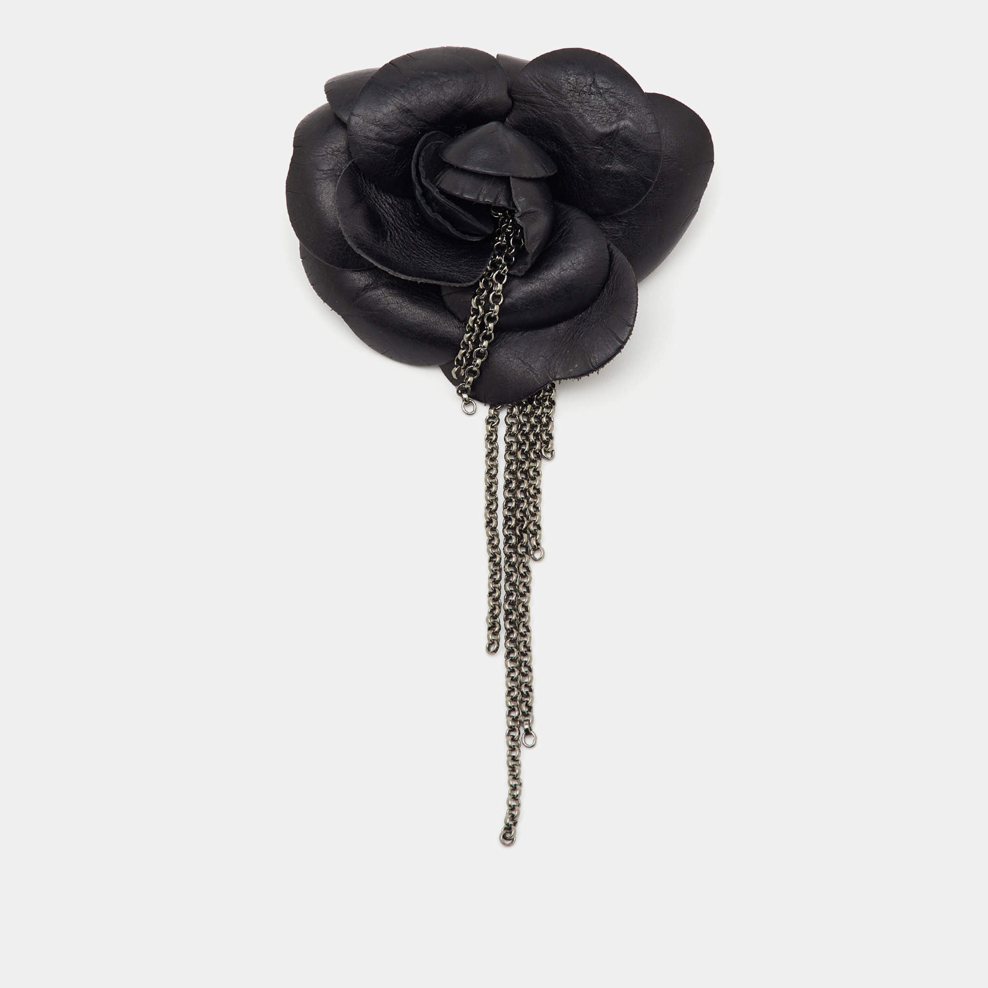 Pre Owned Chanel Black Leather Camellia Drop Chain Pin Brooch