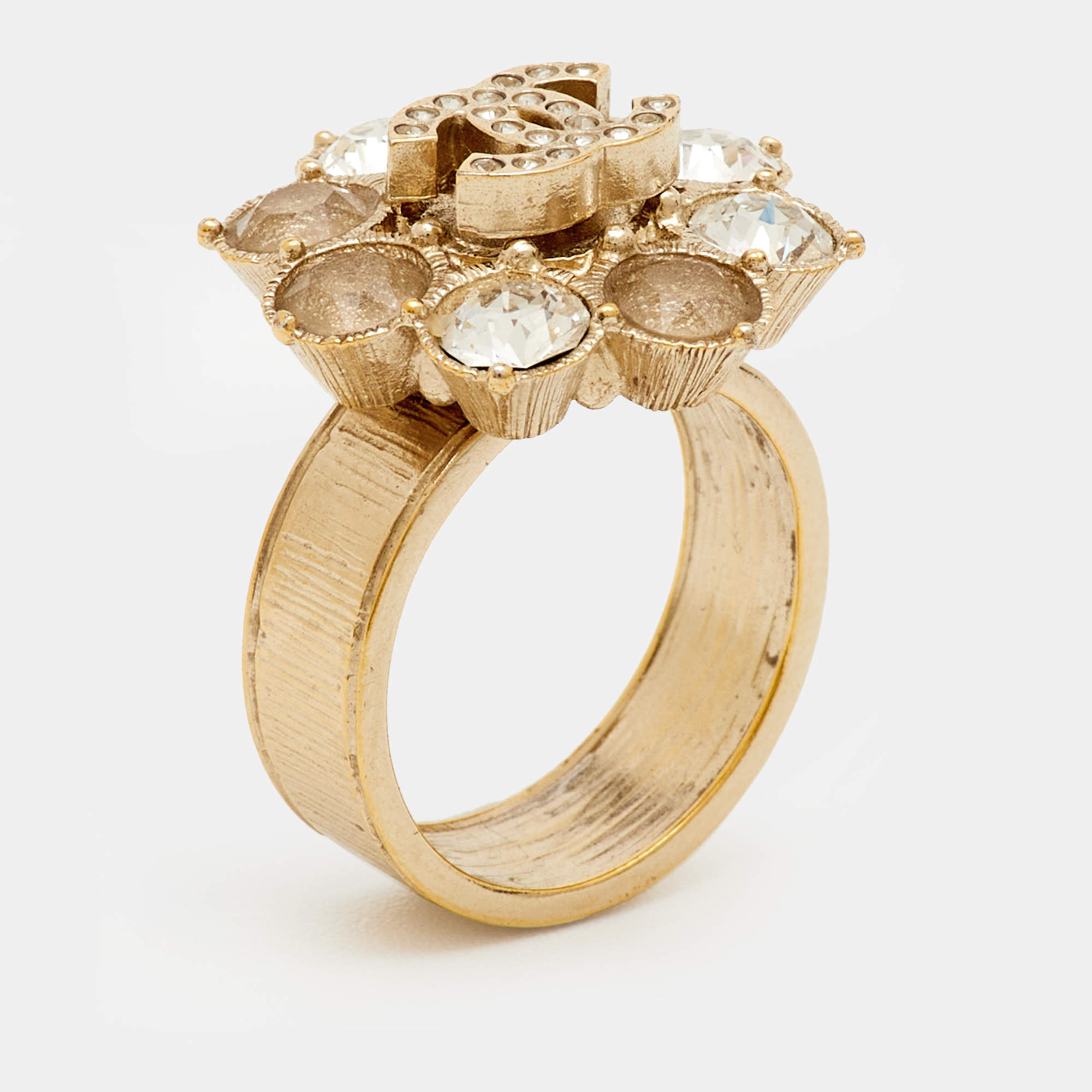 Pre Owned Chanel CC Crystals Gold Tone Ring Size 52