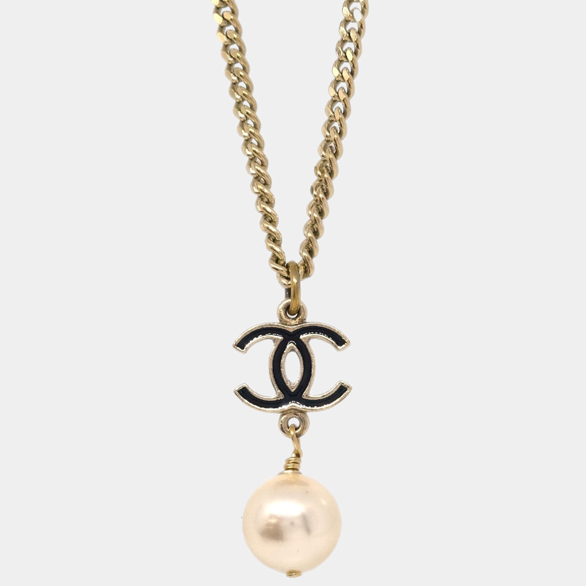 Pre Owned Chanel Chain Pendant Necklace Artificial Pearl Gold