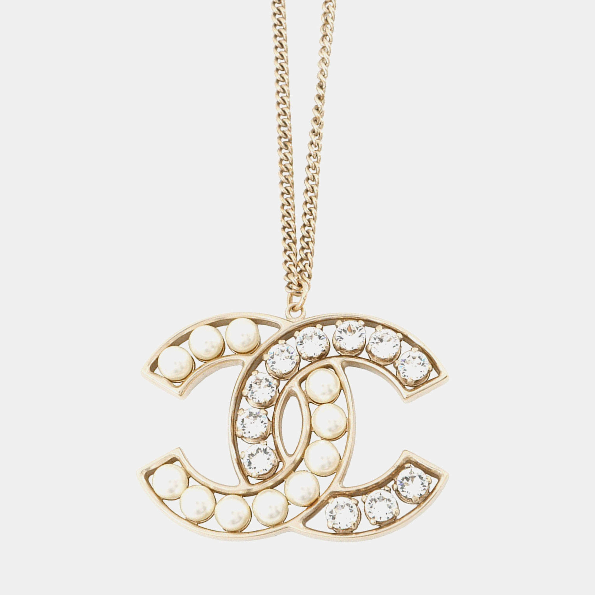 Pre Owned Chanel Cc Logo Necklace Metal Faux Pearl Rhinestone