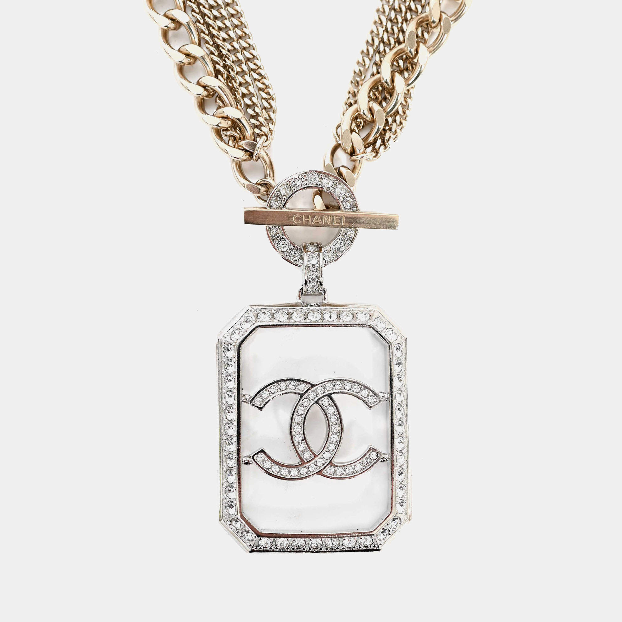 Pre Owned Chanel 2018 Gold Toned Multi-strand Chain Crystal Embellished CC Pendant Necklace