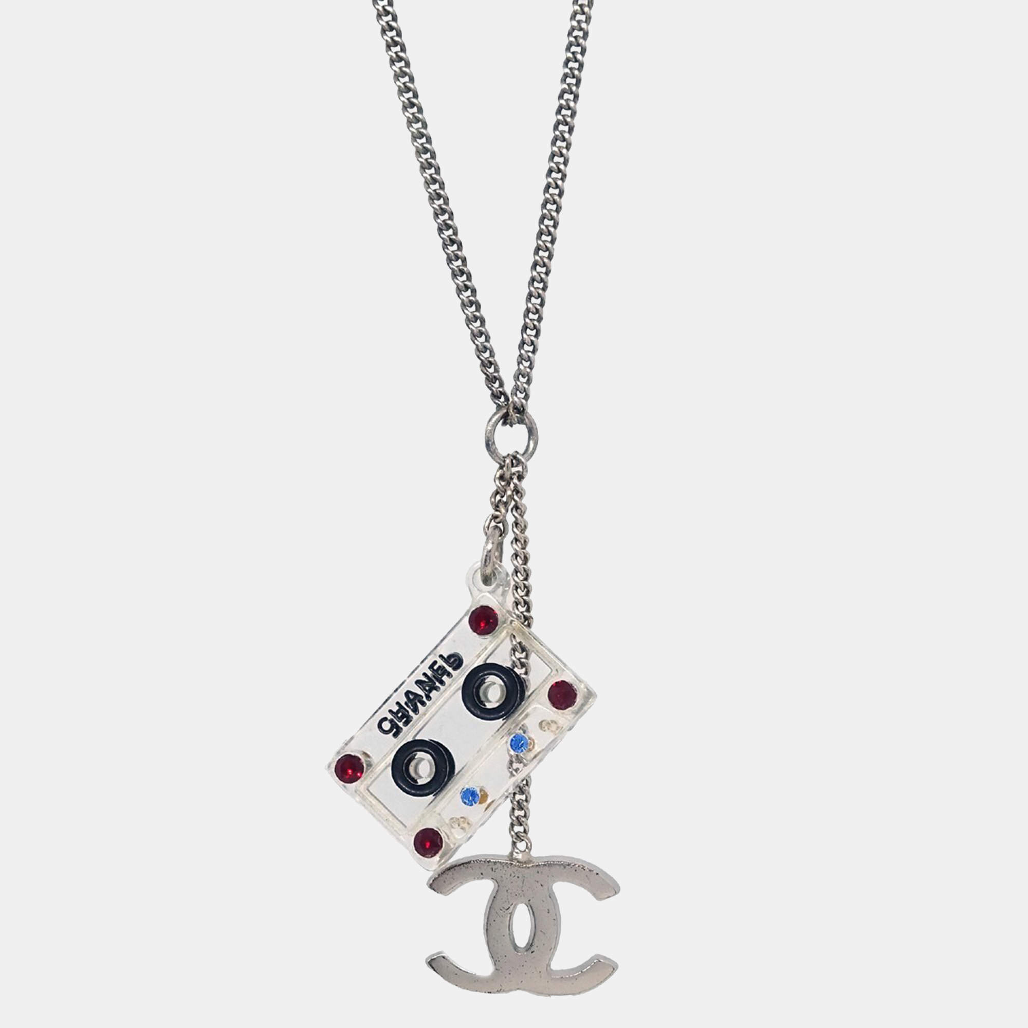 مملوكة مسبقًا Chanel CC Cassette Tape Chain Pendant Necklace Rhinestone Silver