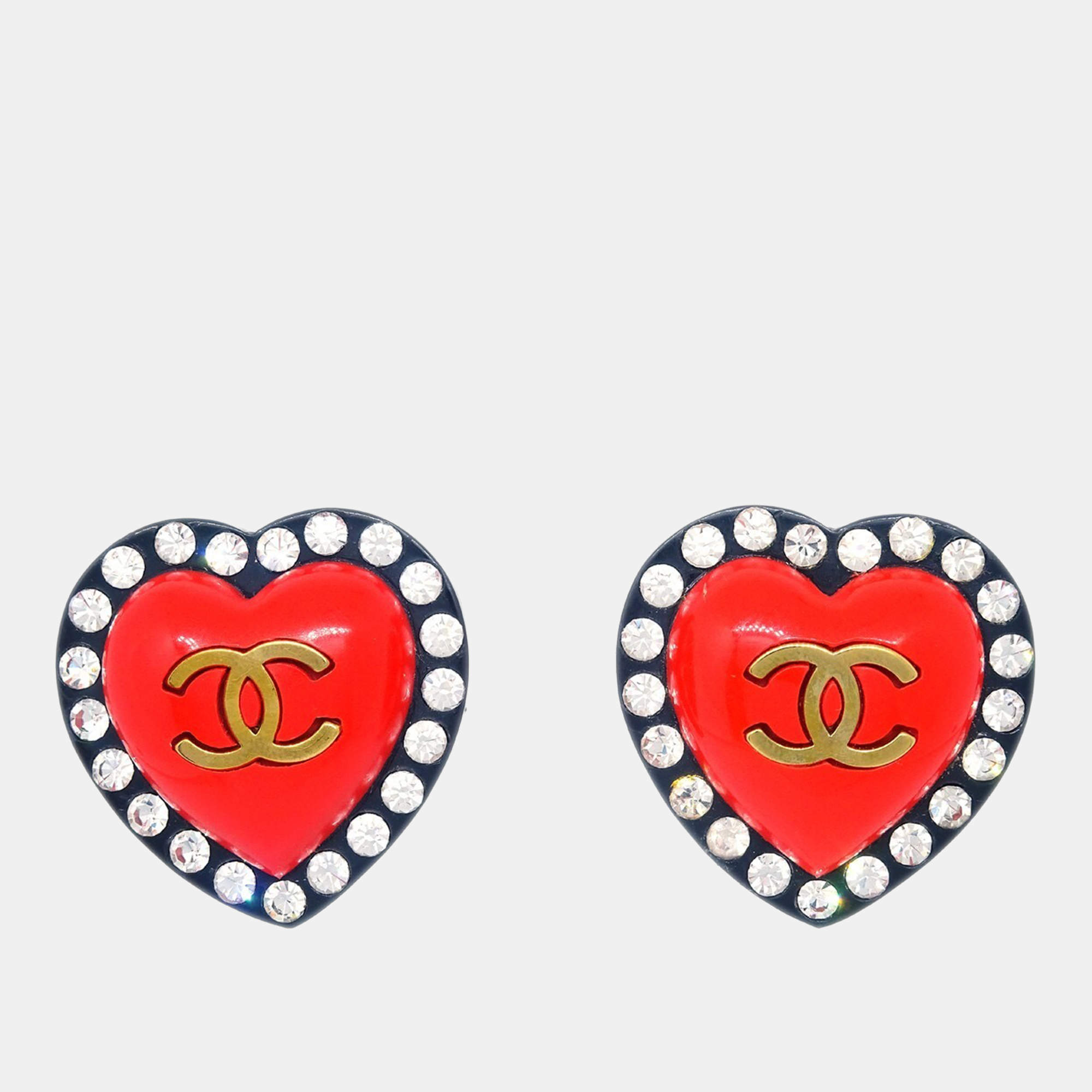 مملوكة مسبقًا Chanel Heart Rhinestone Earrings Clip-On Red