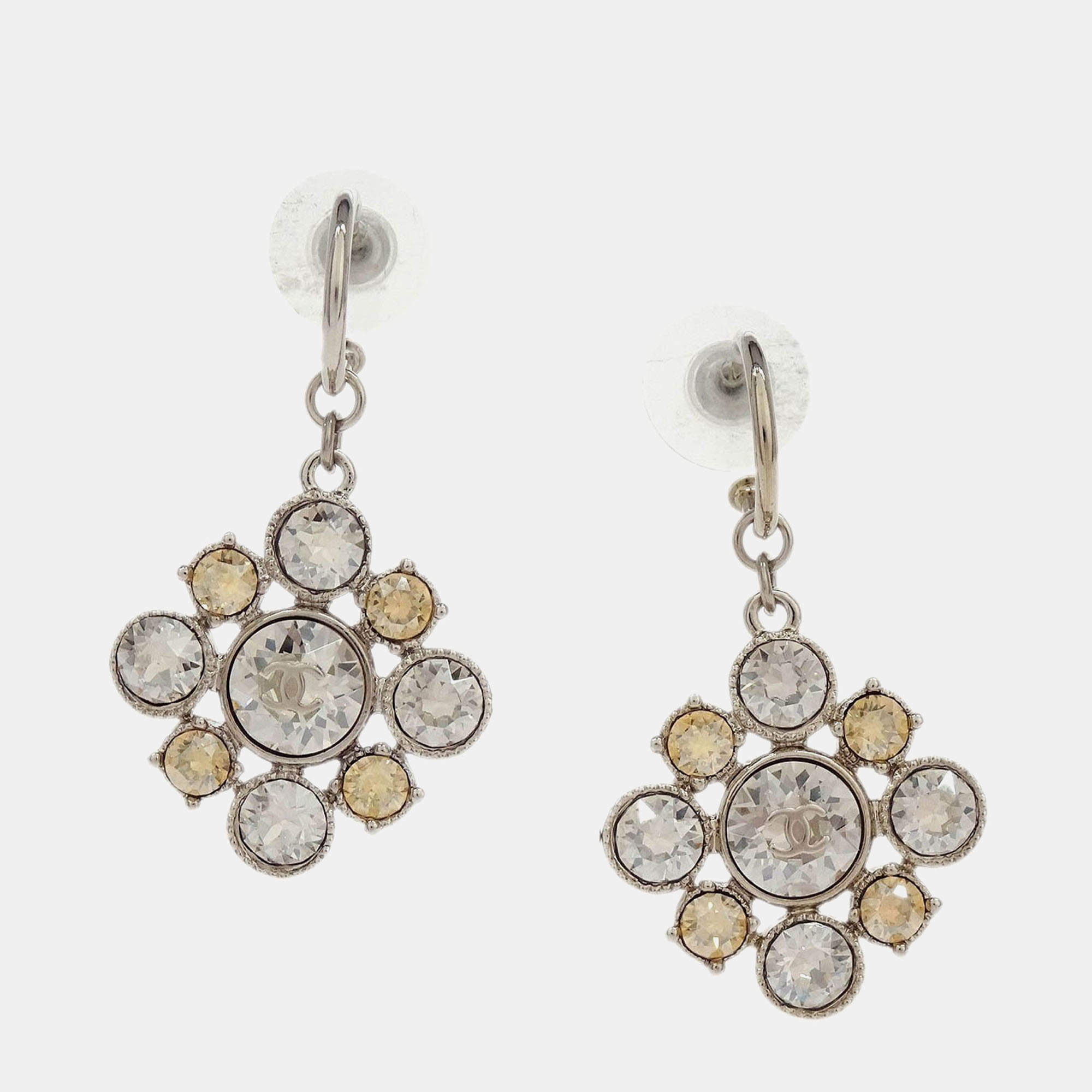 Pre Owned Chanel Rhombus Dangle Piercing Earrings Silver Rhinestone