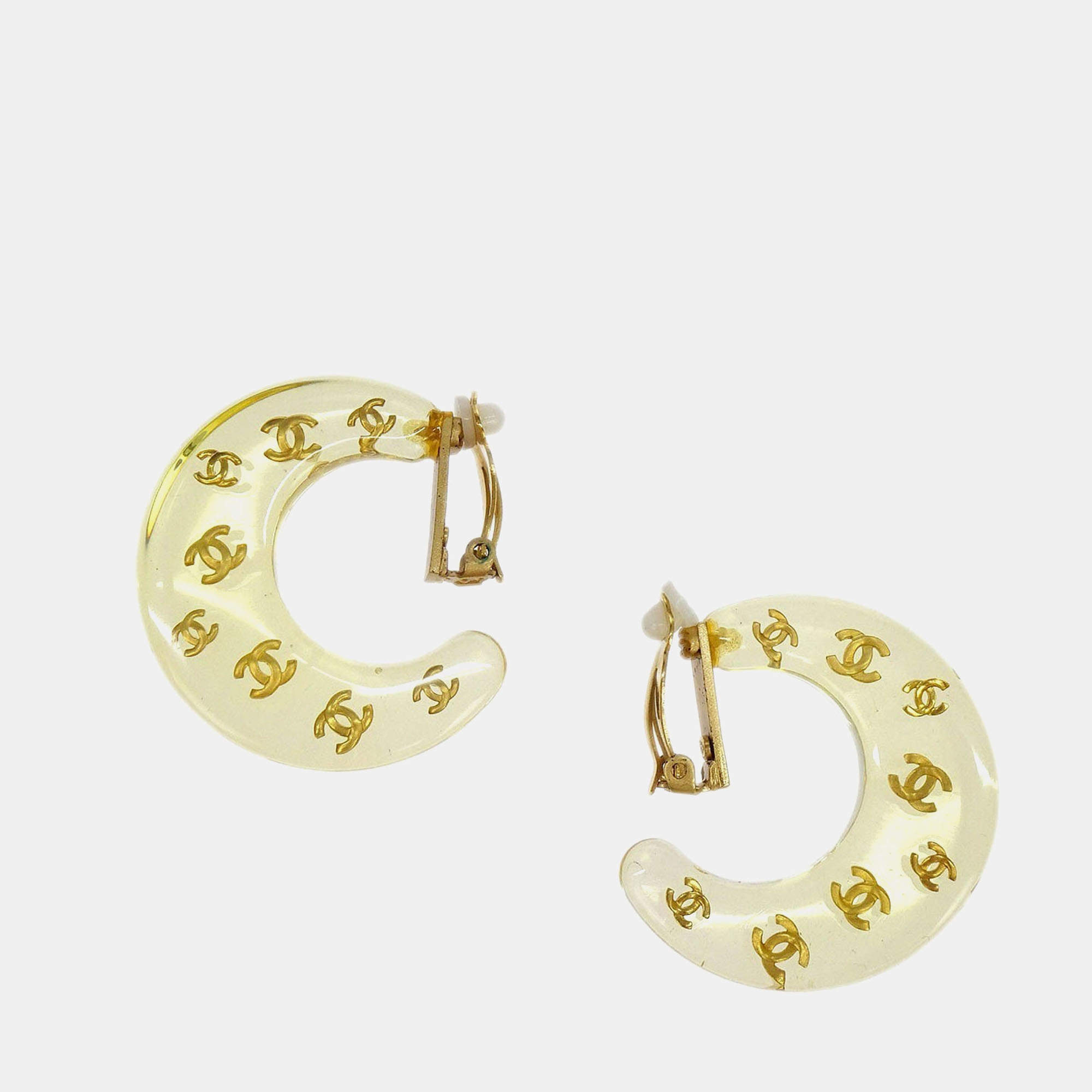 Pre Owned Chanel Hoop Crescent Moon Earrings Clip-On Gold