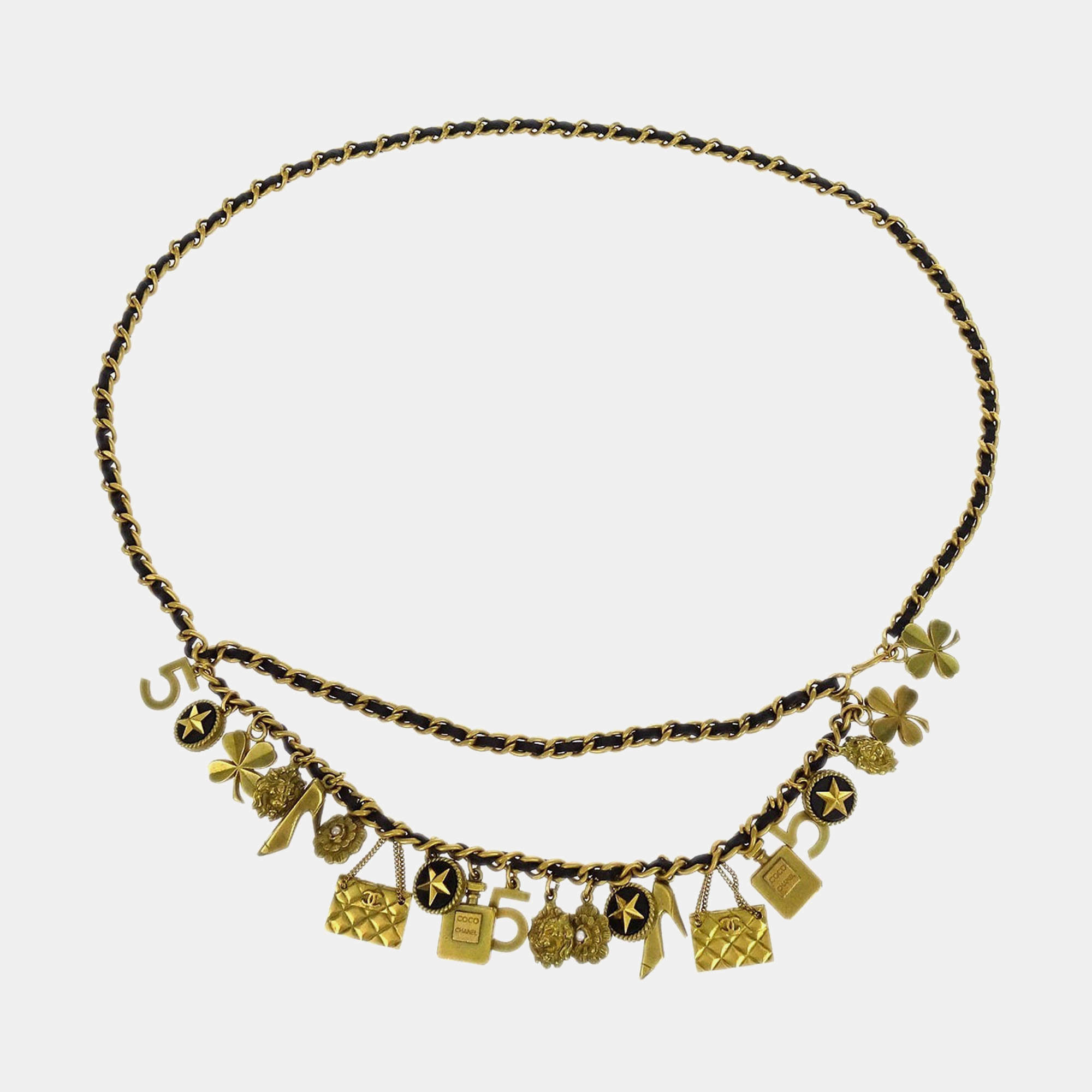 مملوكة مسبقًا حزام شانيل سي سي رمز السلسلة لؤلؤ صناعي ذهبي أسود