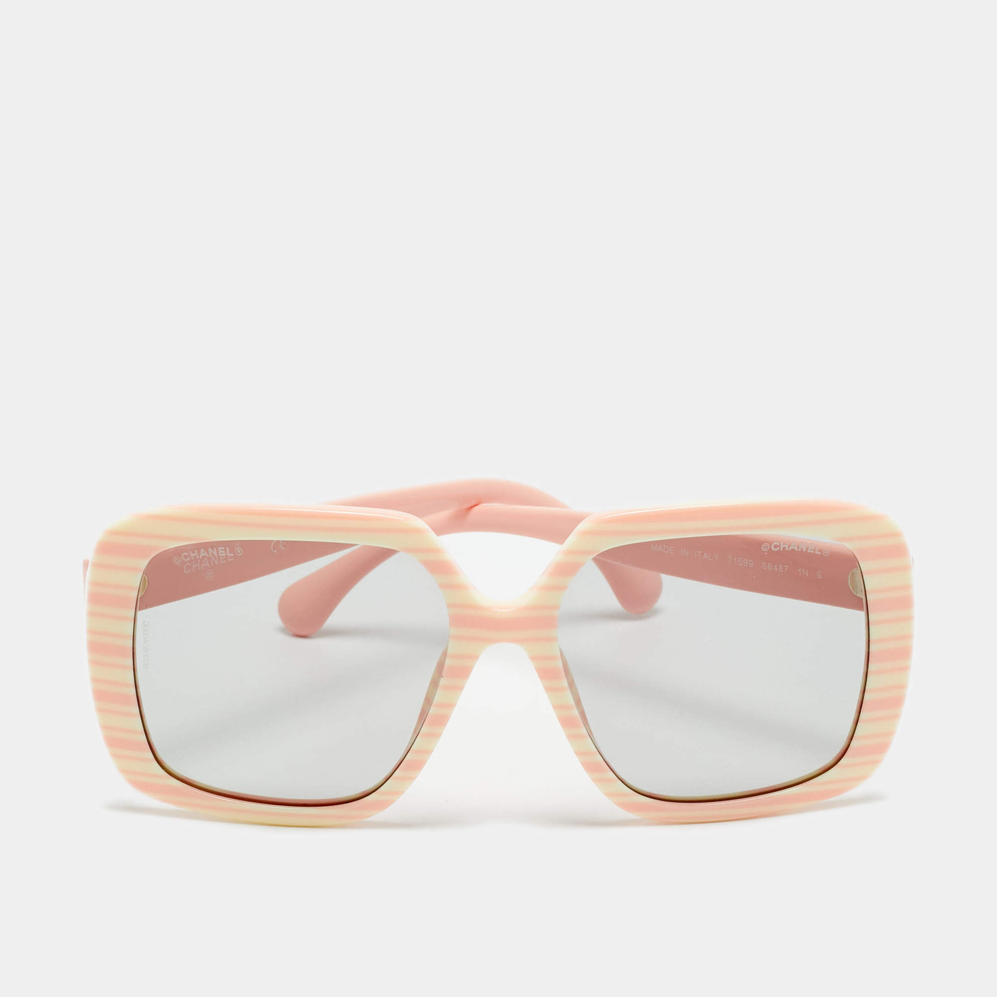 مملوكة مسبقًا Chanel Peach/Grey 71599 Stripe Frame Sunglasses