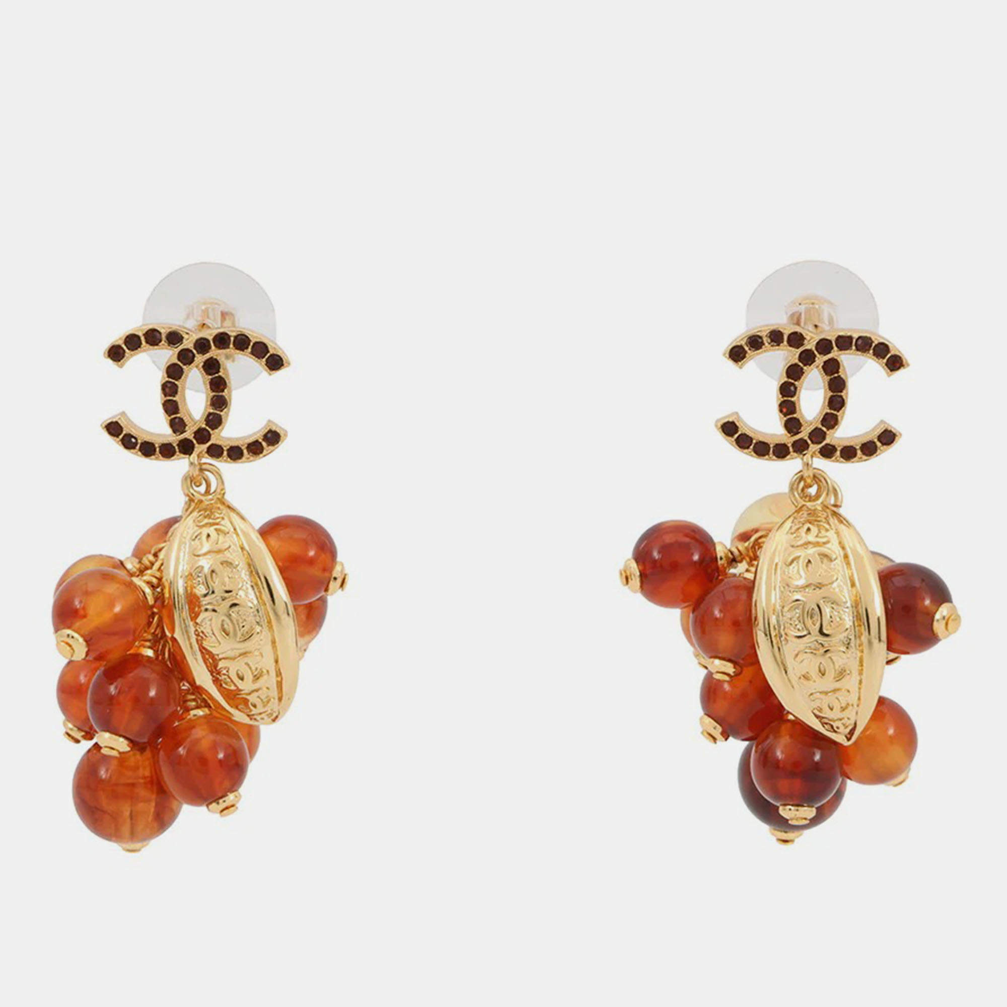 Pre Owned Chanel Medieval Grape Motif Earrings Brown Metal Rhinestone