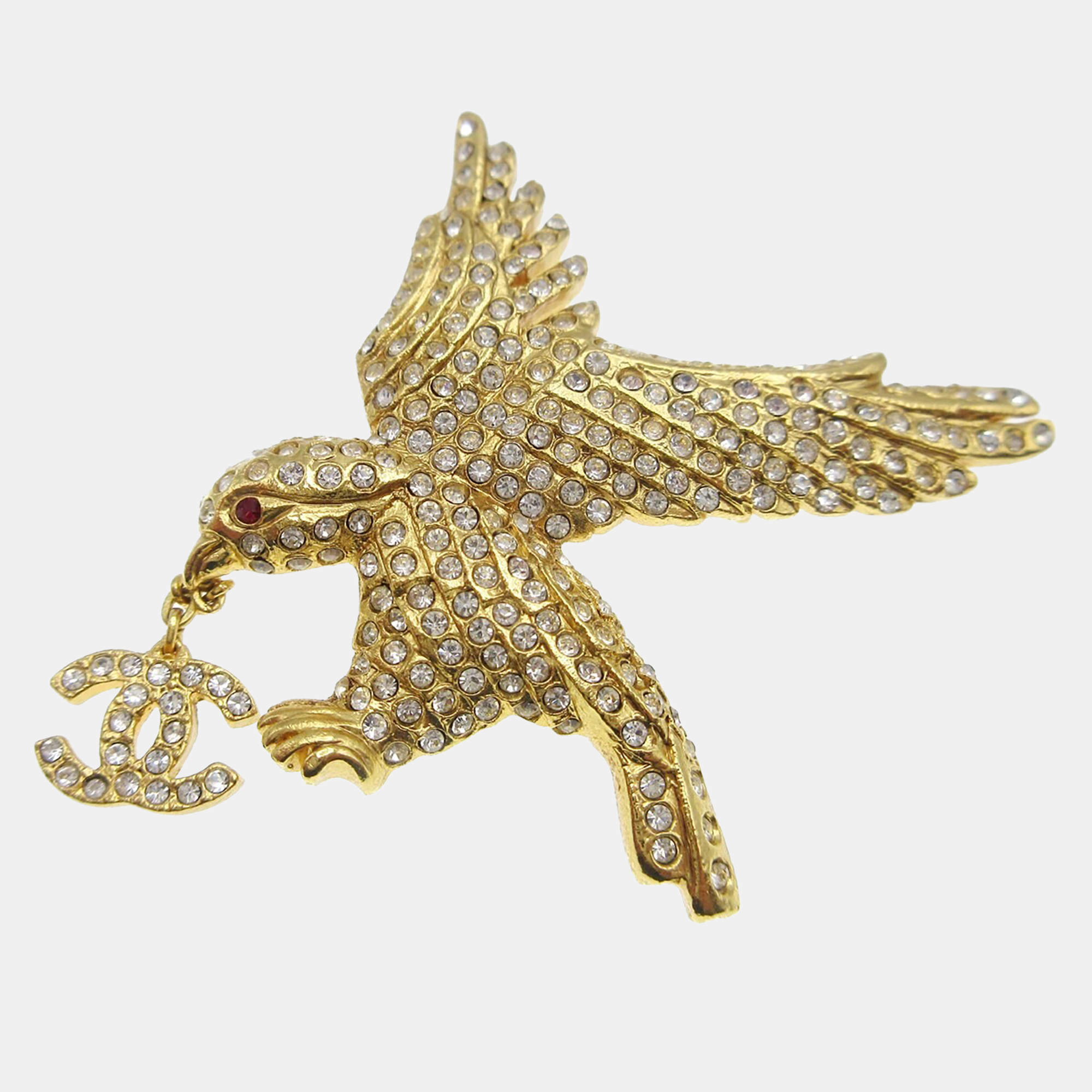 Pre Owned Chanel Eagle Rhinestone Brooch Pin Gold