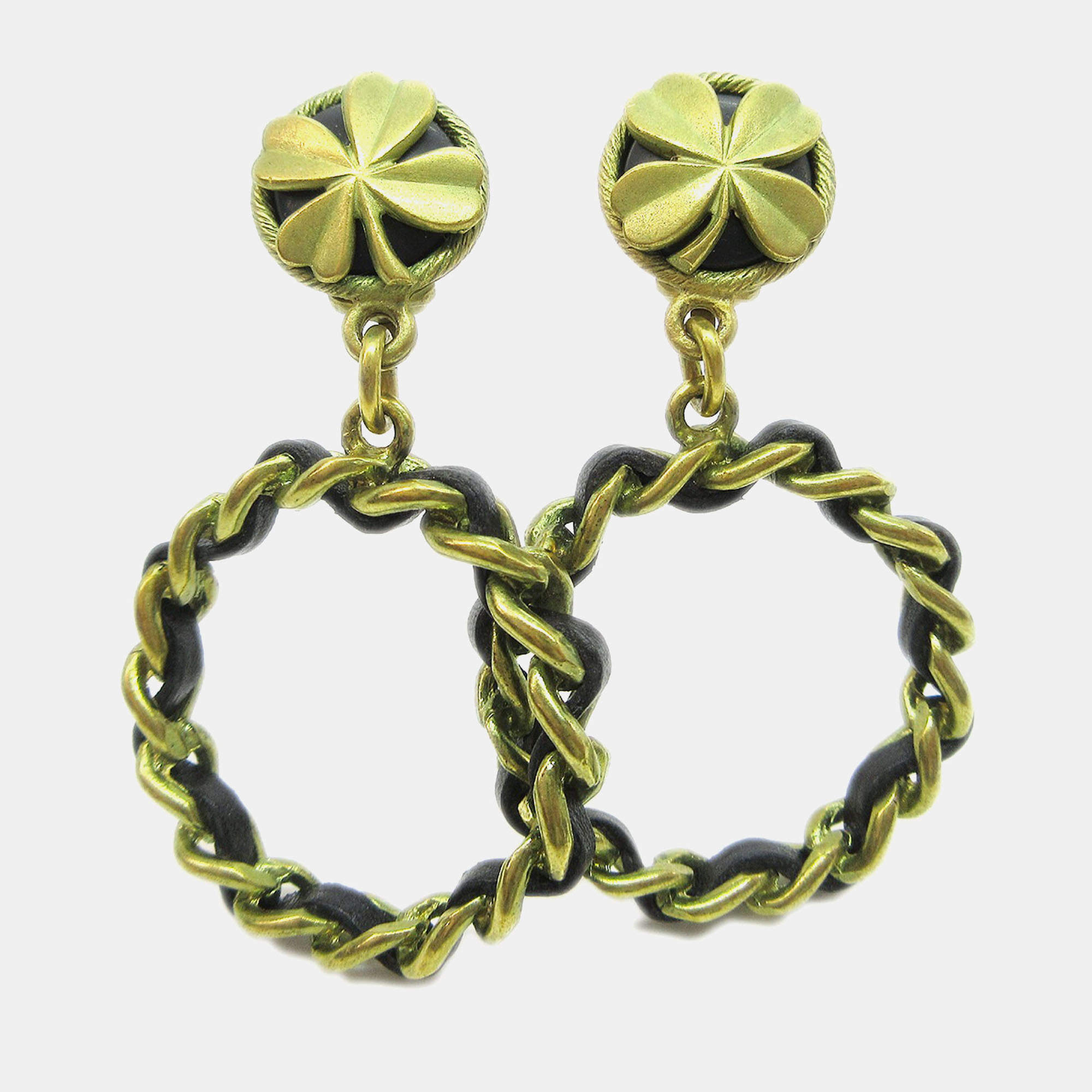 Pre Owned Chanel Hoop Dangle Earrings Clip-On Gold