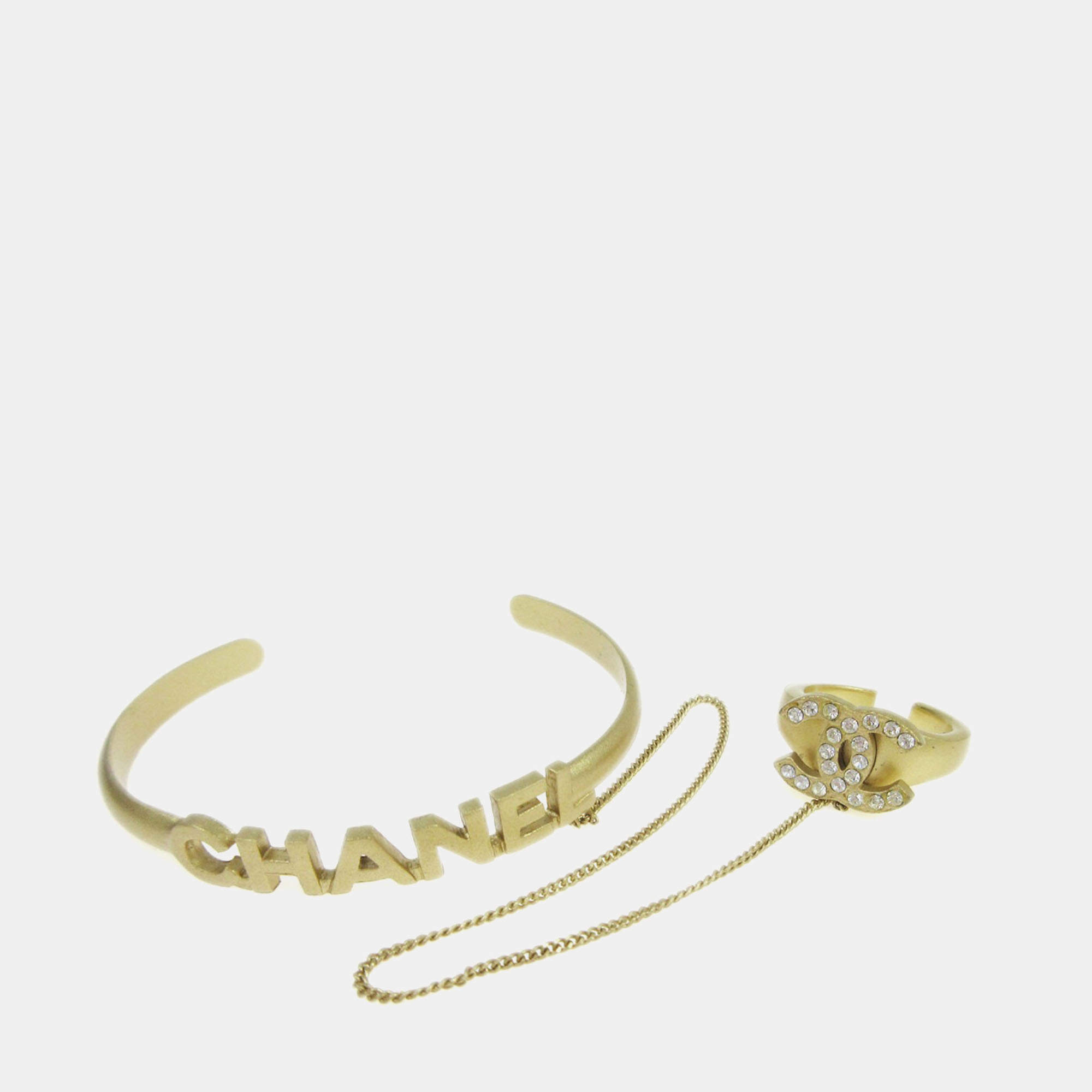 Pre Owned Chanel Rhinestone Bangle Chain Ring #6 Gold