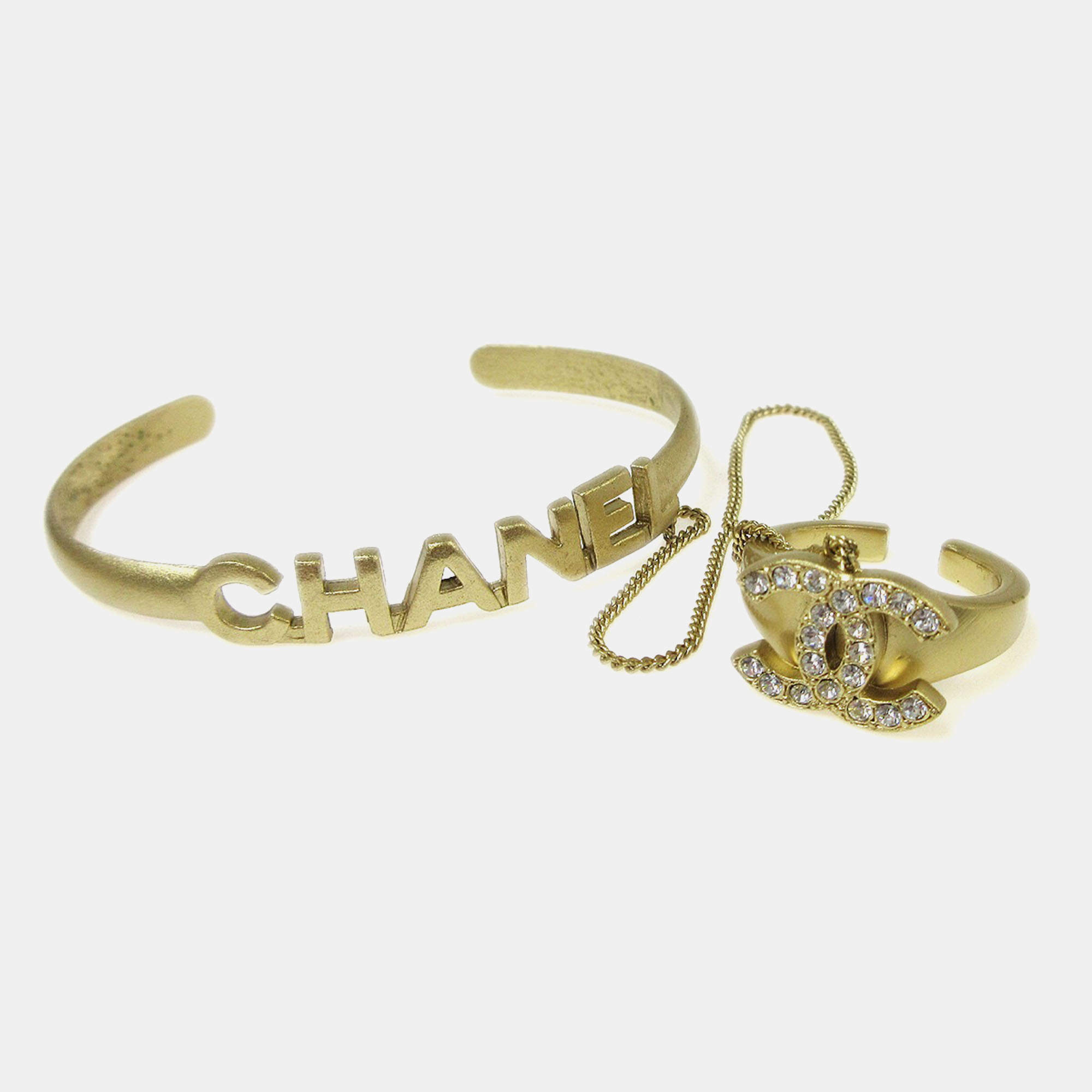 Pre Owned Chanel Rhinestone Bangle Chain Ring #6 Gold