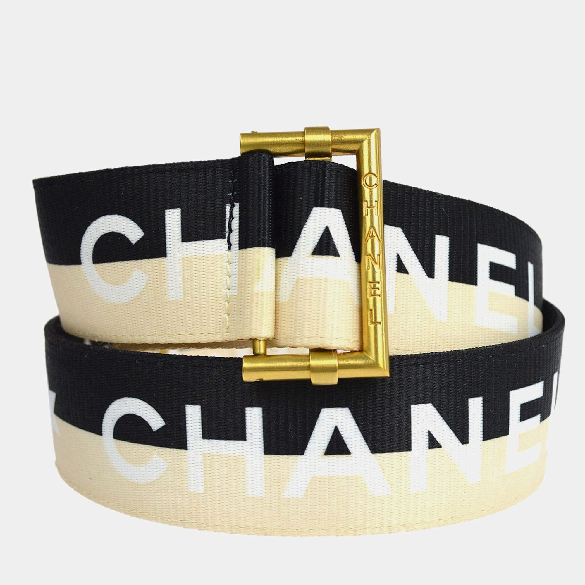 Pre Owned Chanel Buckle Belt Black Off-White Nylon