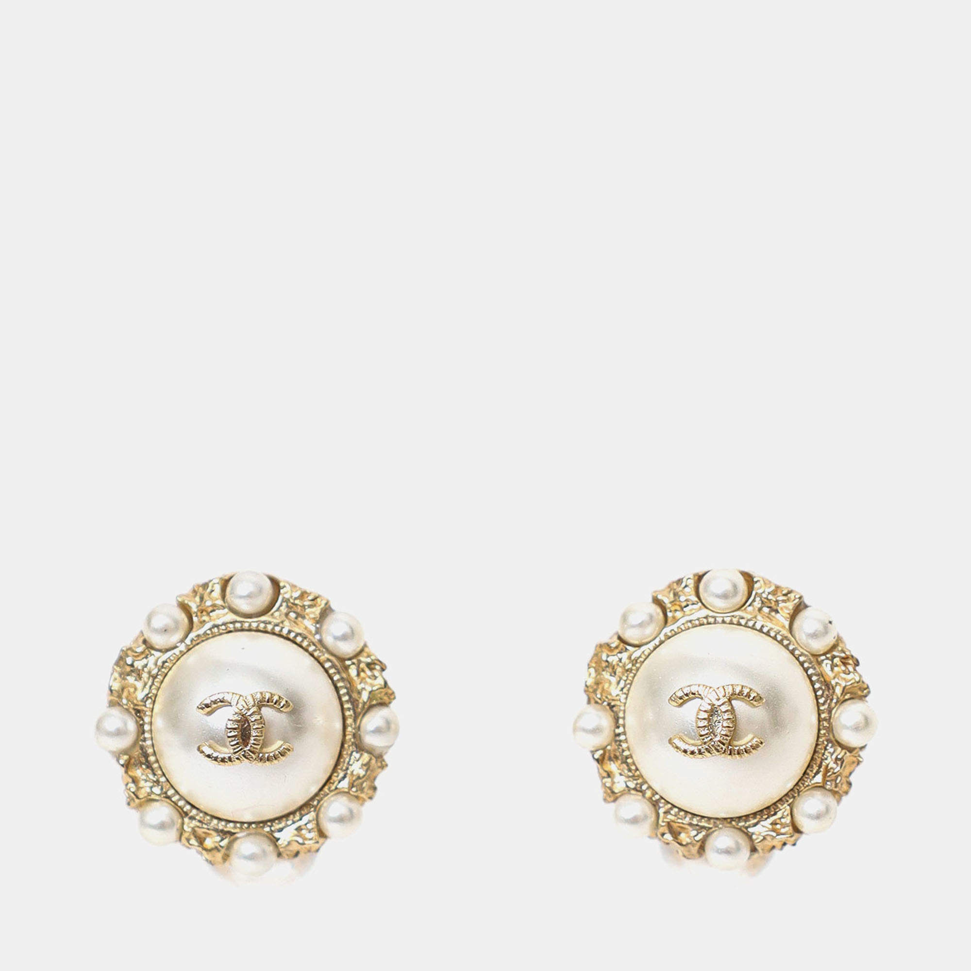 Pre Owned Chanel Gold Tone Faux Pearl CC Logo Stud Earrings
