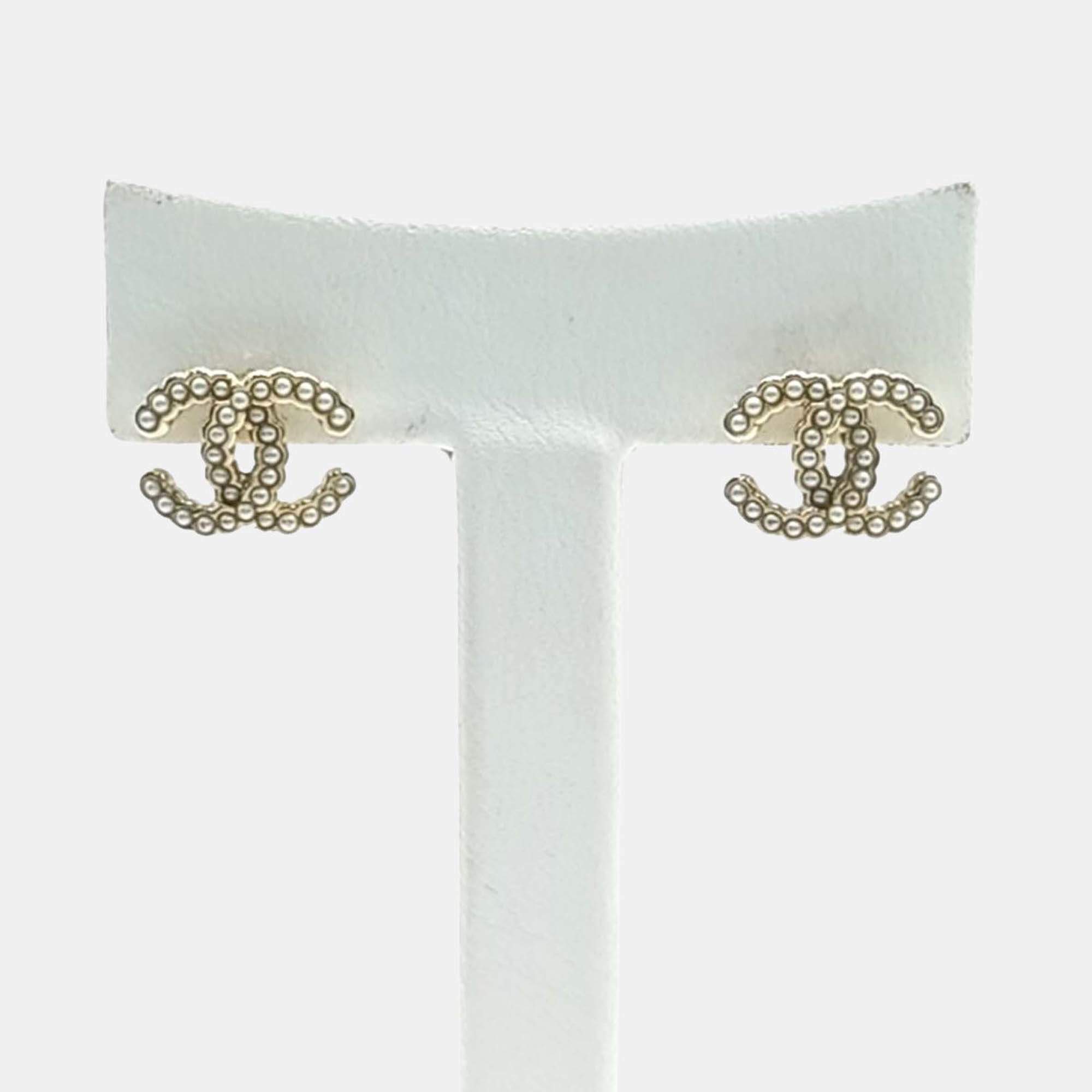 Pre Owned Chanel Gold Plated Logo Earrings