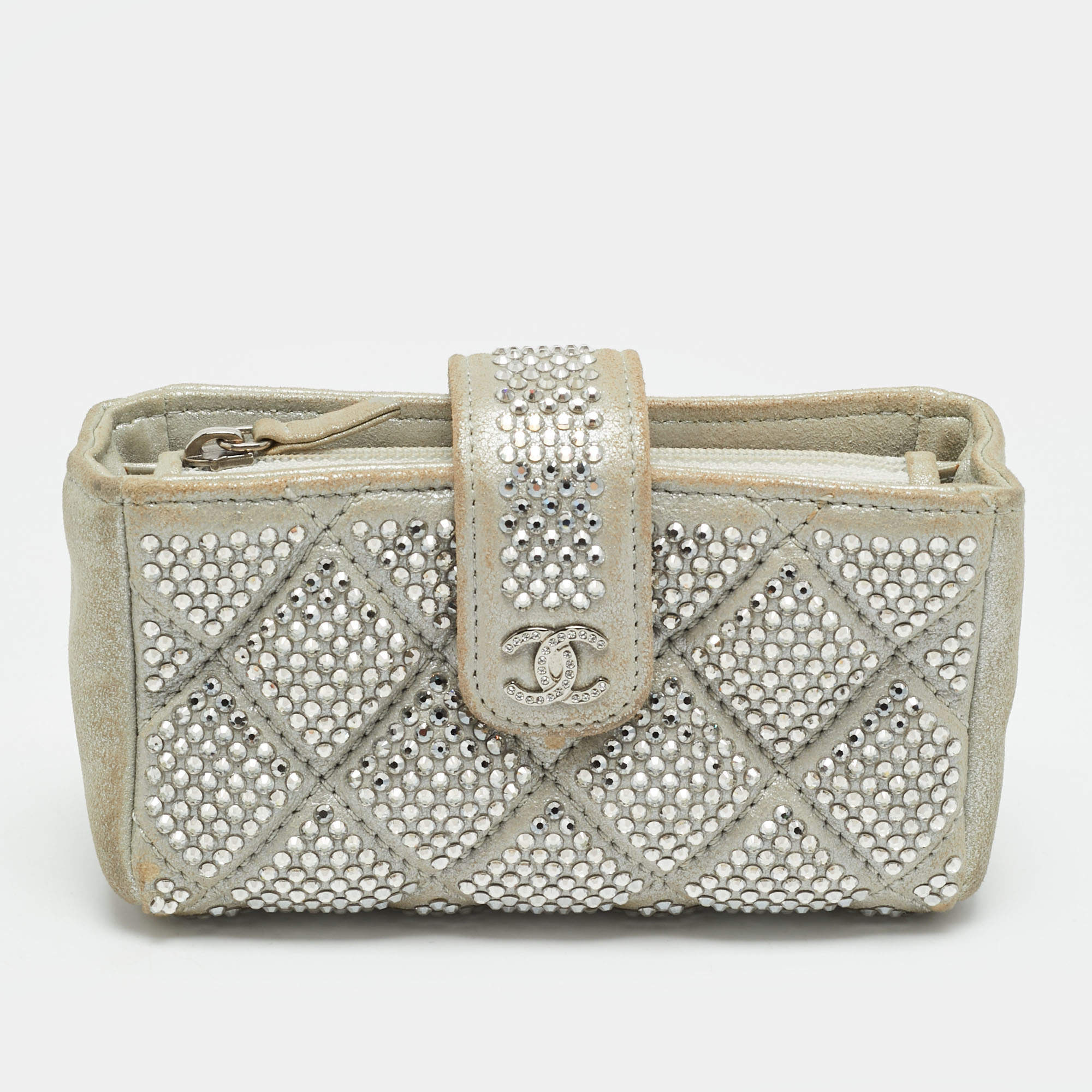 Pre Owned Chanel O-Phone Holder Crystal Embellished Silver Quilted Suede