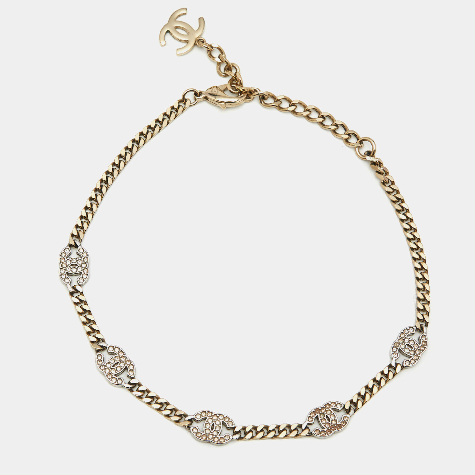 Pre Owned Chanel CC Crystals Tow Tone Metal Choker Necklace