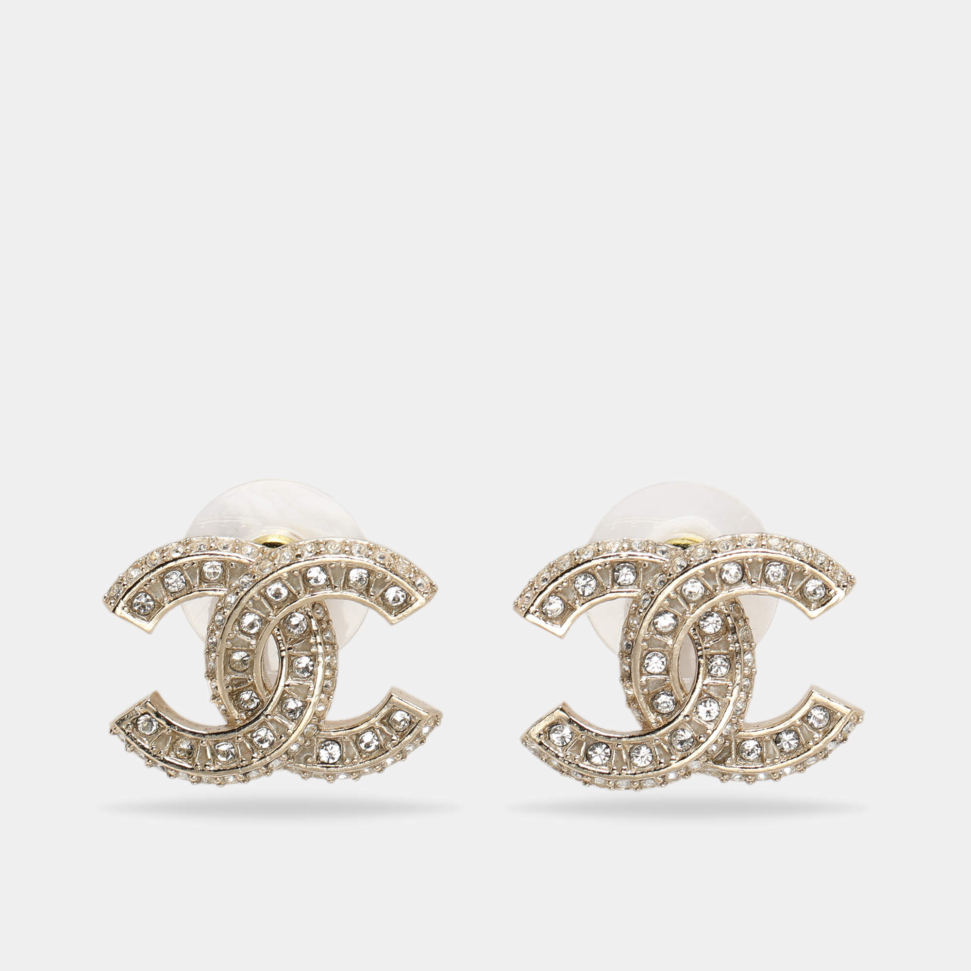 Pre Owned Chanel CC Crystals Enamel Gold Tone Earrings