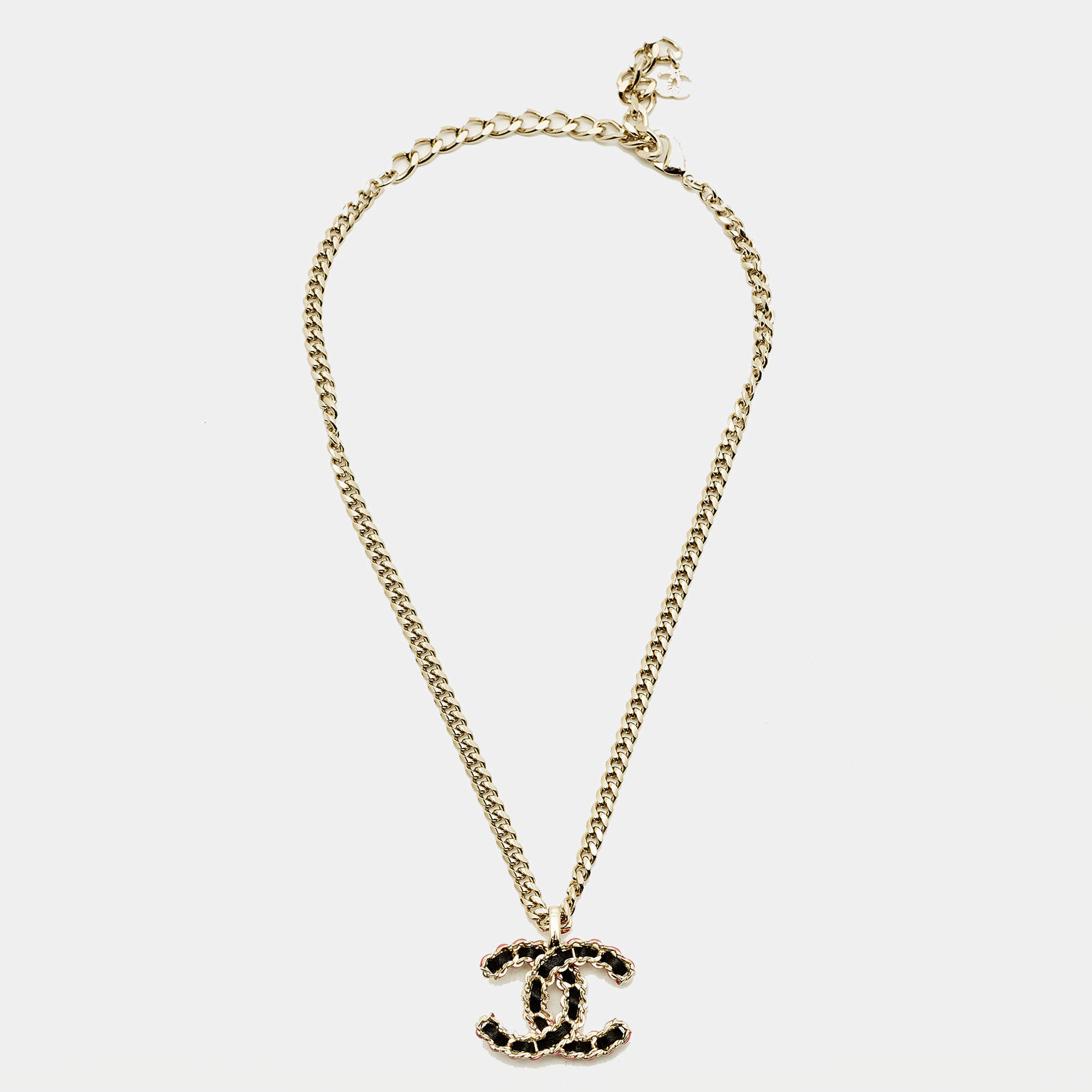 Pre Owned Chanel CC Enamel Leather Gold Tone Necklace