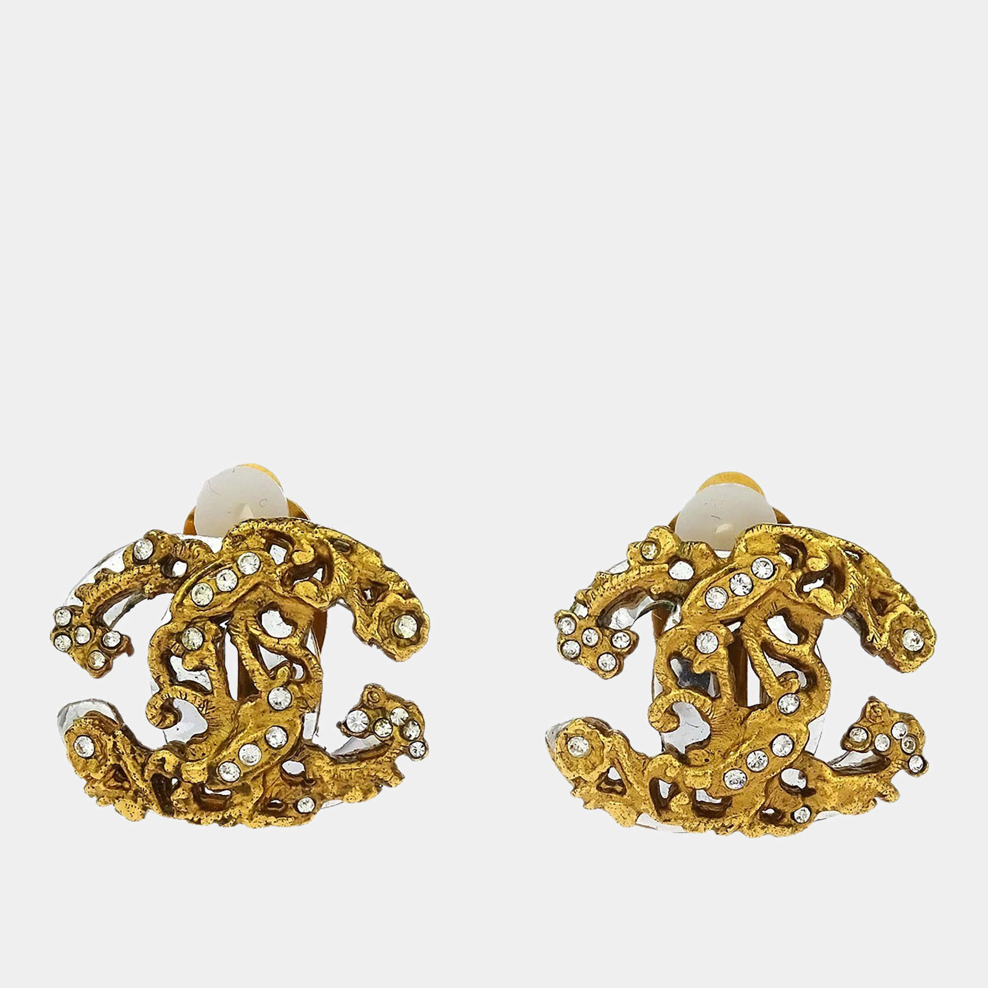 مملوكة مسبقًا Chanel Gold CC Earrings Clip-On Rhinestone