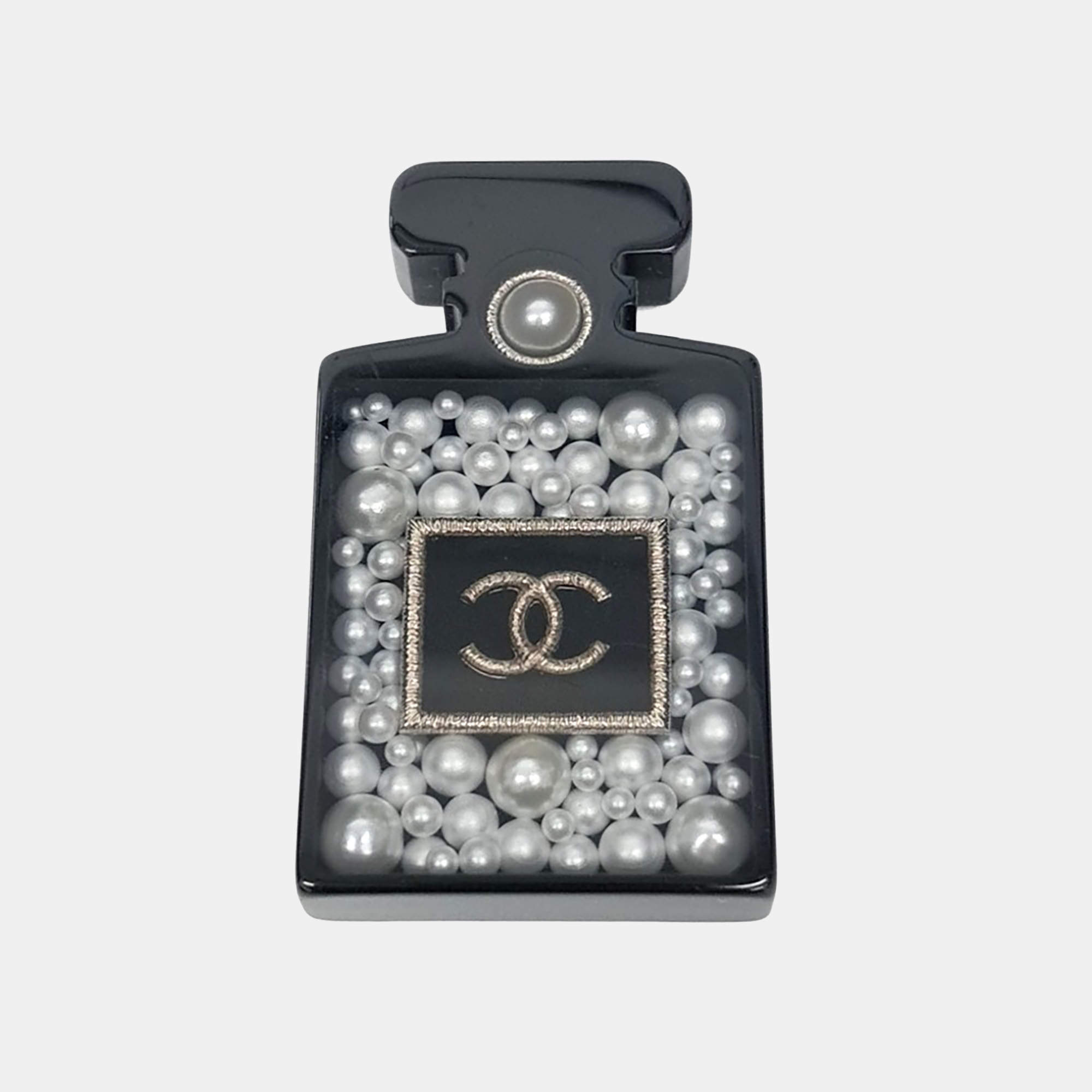 Pre Owned Chanel Resin And Faux Pearl Perfume Bottle Pin Brooch