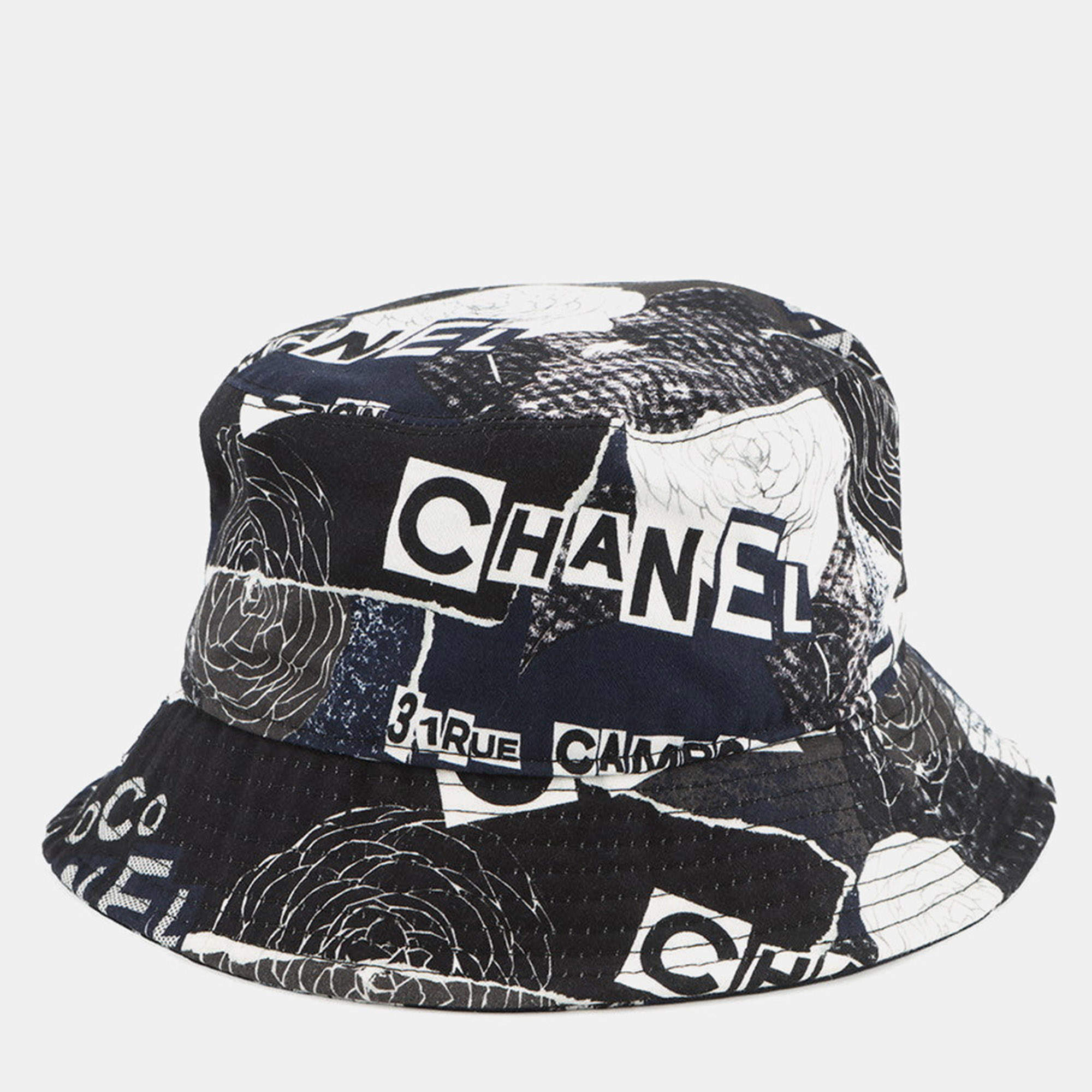 Pre Owned Chanel Camellia Bucket Hat Size M Black/White Cotton 100%