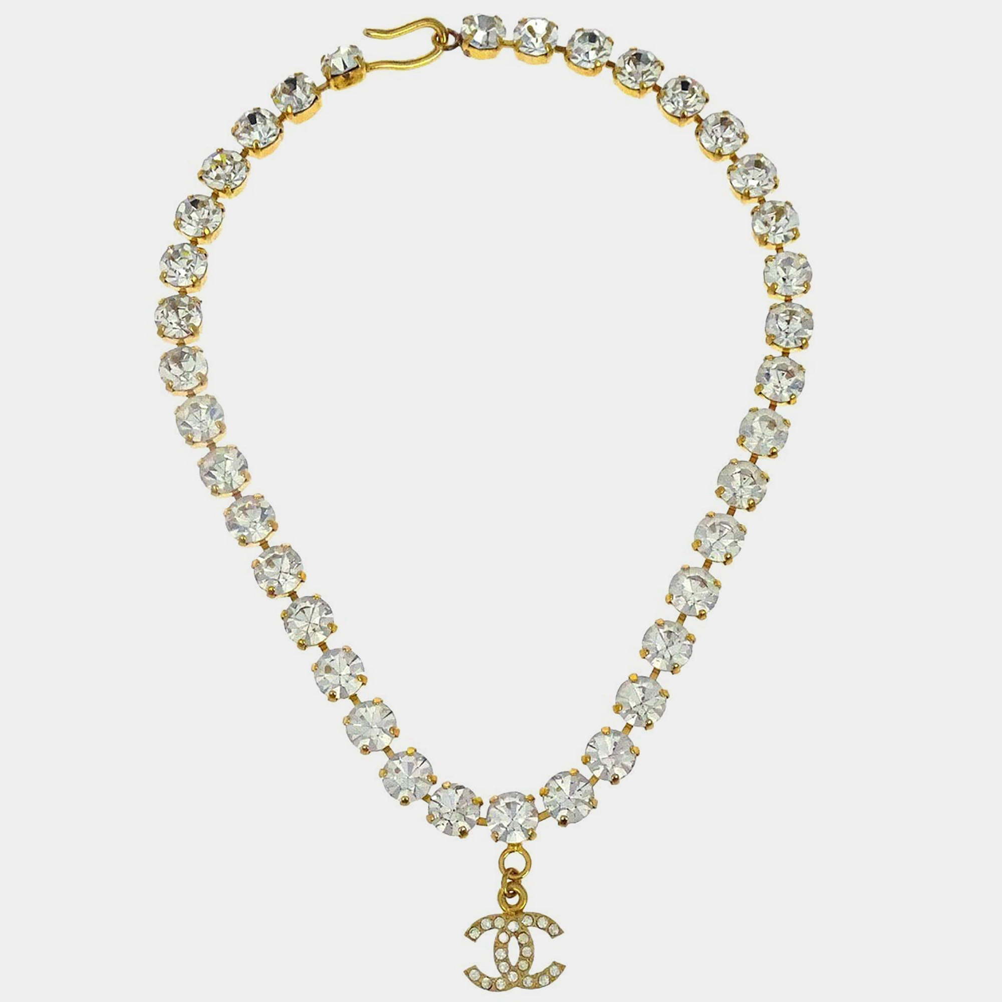 Pre Owned Chanel CC Chain Pendant Gold Rhinestone Necklace
