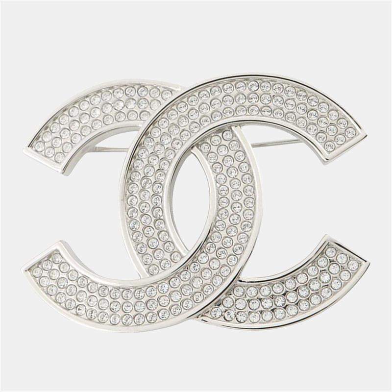 مملوكة مسبقًا Chanel Cc Logo Rhinestone Brooch Silver/Transparent Metal Rhinestone