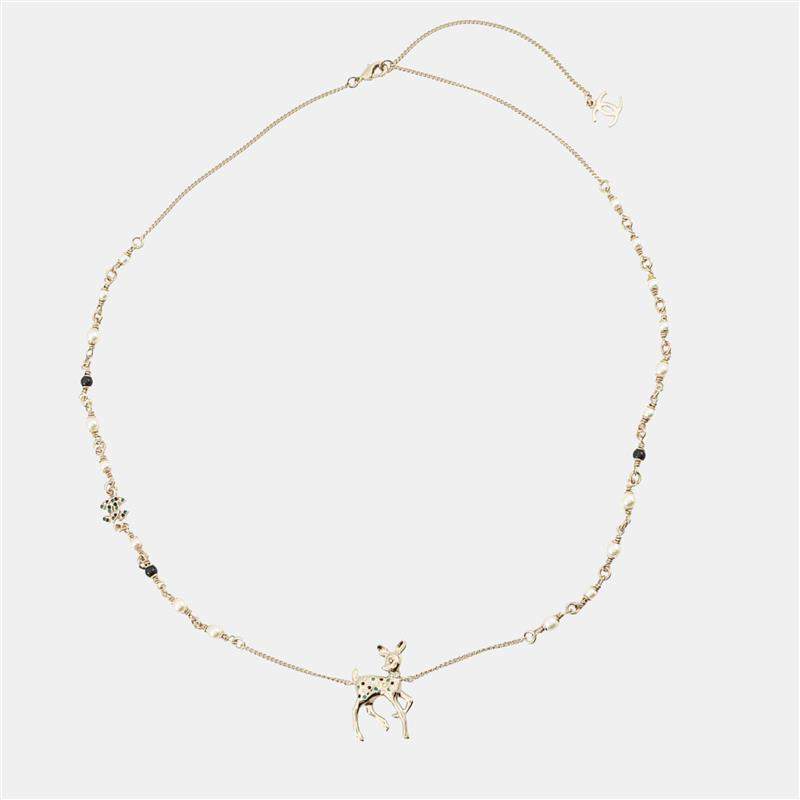 Pre Owned Chanel Cc Logo Bambi Motif Long Necklace Gold Plated Rhinestone Faux Pearl
