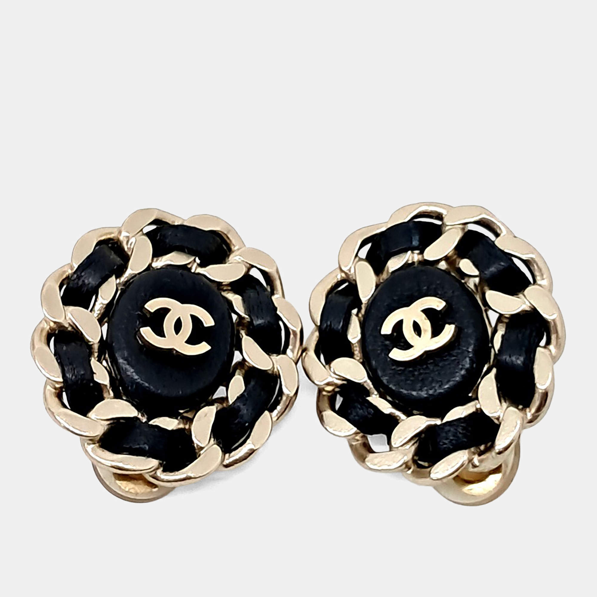 Pre Owned Chanel Black, Gold CC Logo Clip-on Earrings