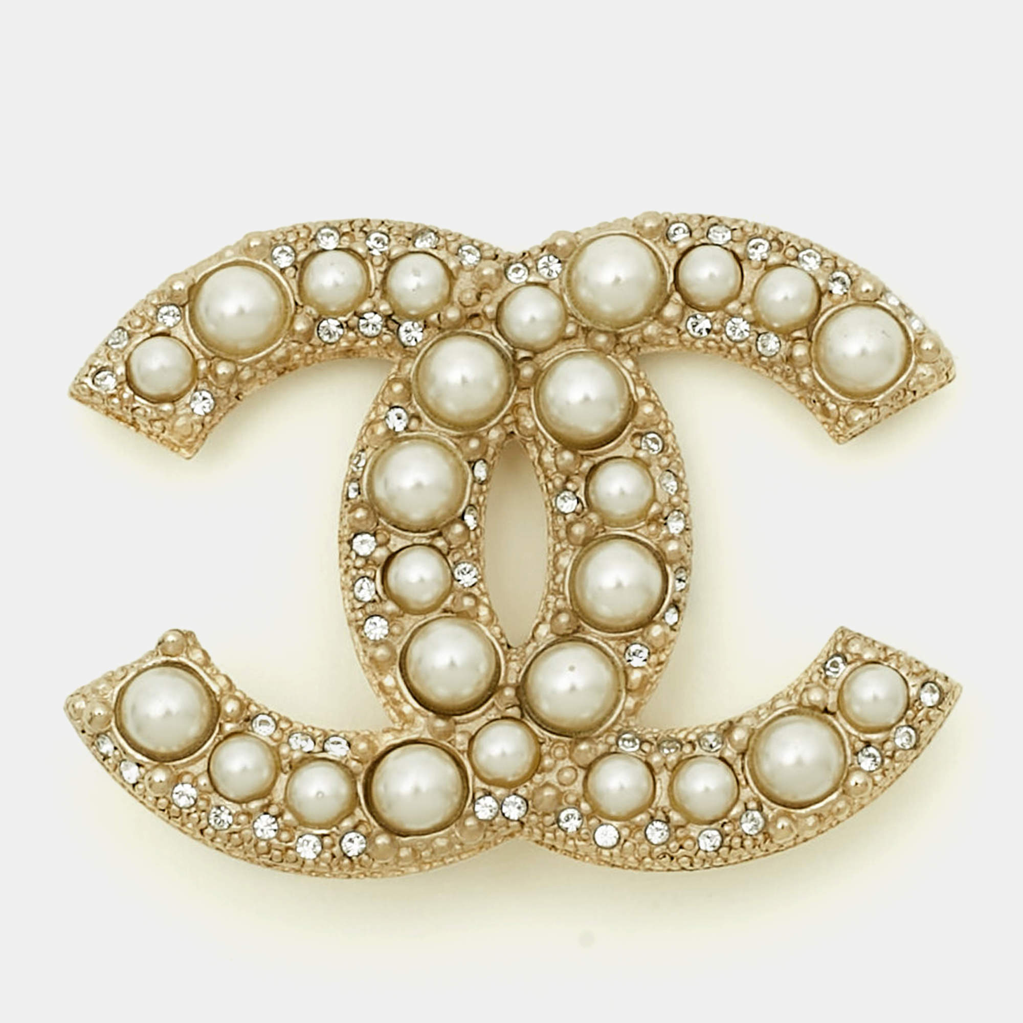 Pre Owned Chanel CC Faux Pearls Crystals Gold Tone Brooch