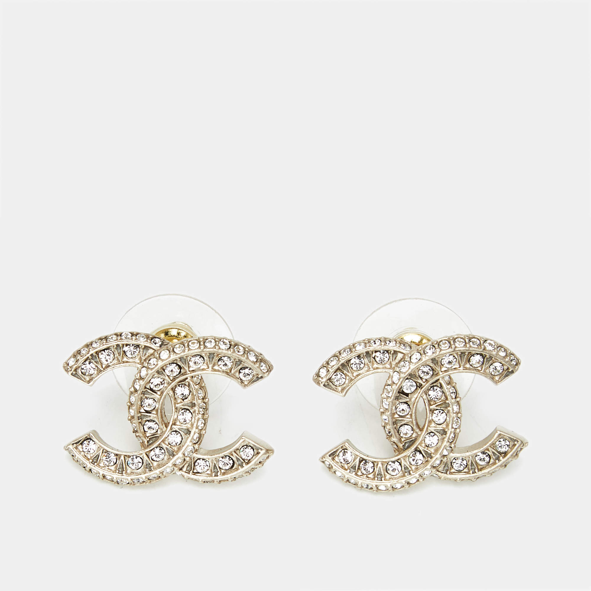 Pre Owned Chanel CC Crystals Gold Tone Stud Earrings