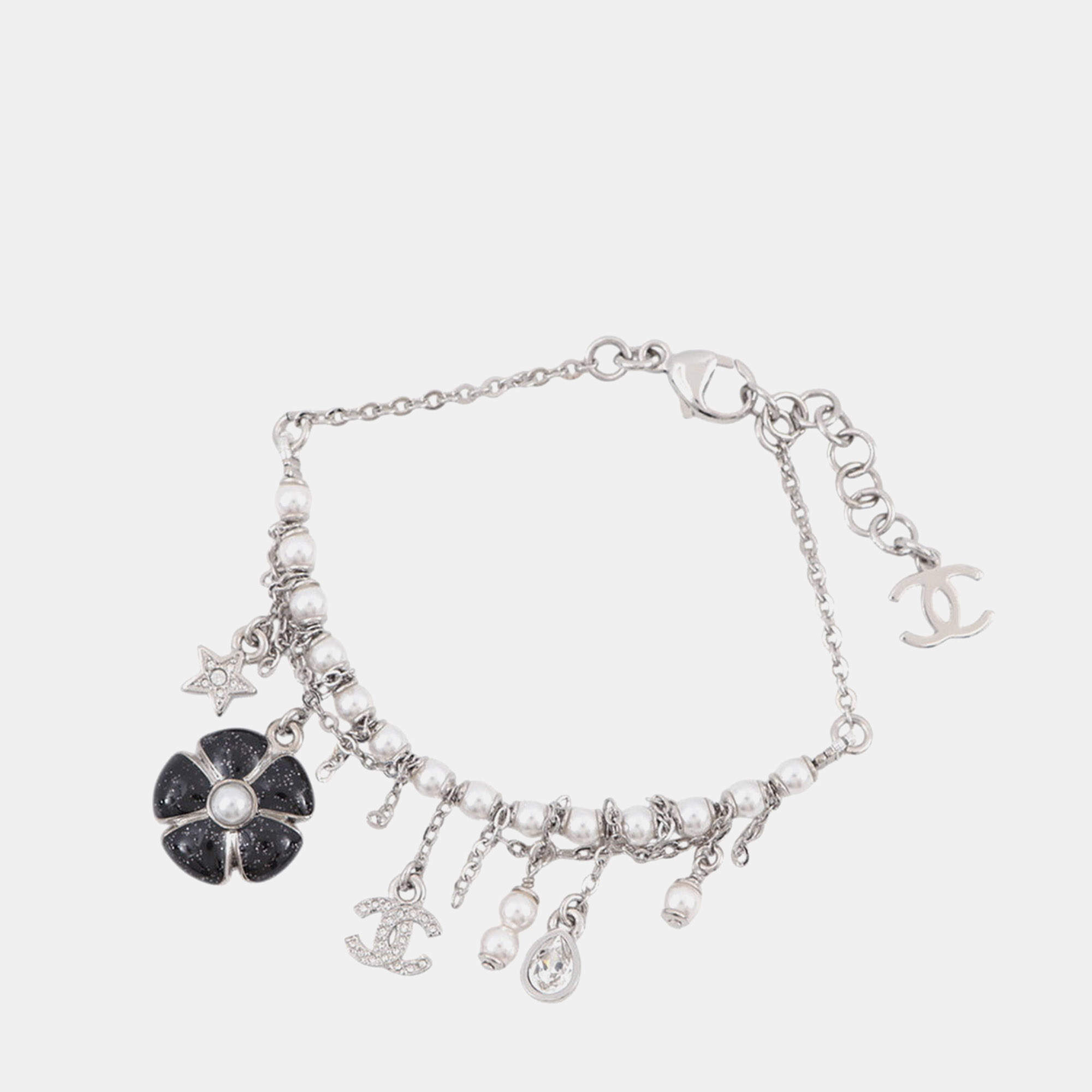 Pre Owned Chanel Bag Charm Bracelet Silver Metal Rhinestone Faux Pearl Resin