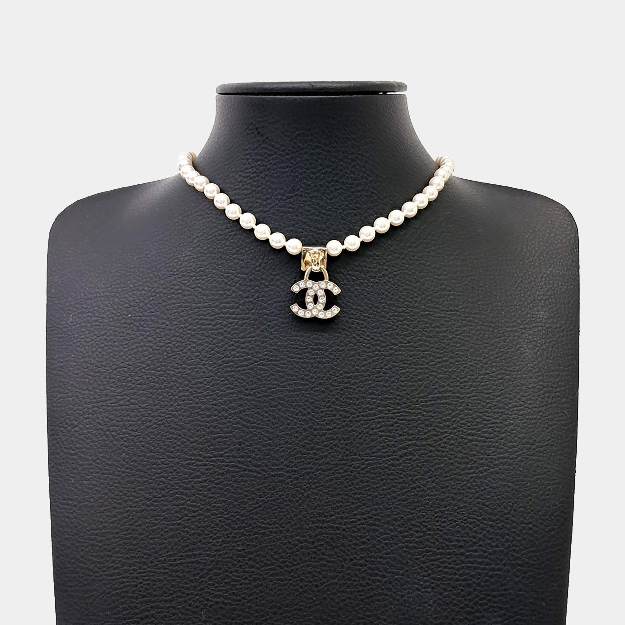 Pre Owned Chanel CC Logo Gold Crystals Pearls Necklace AB6630