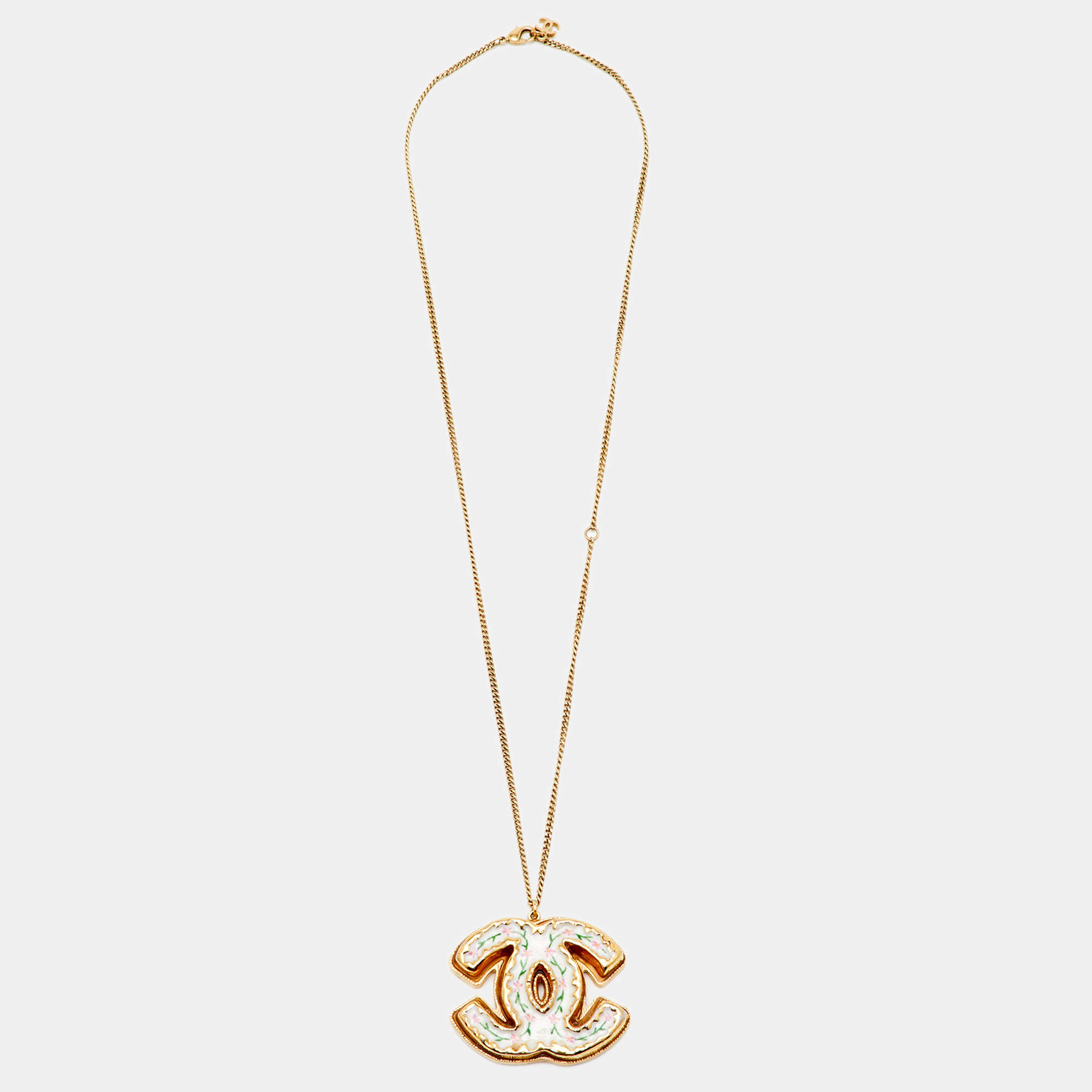Pre Owned Chanel CC Floral Enamel Gold Tone Necklace