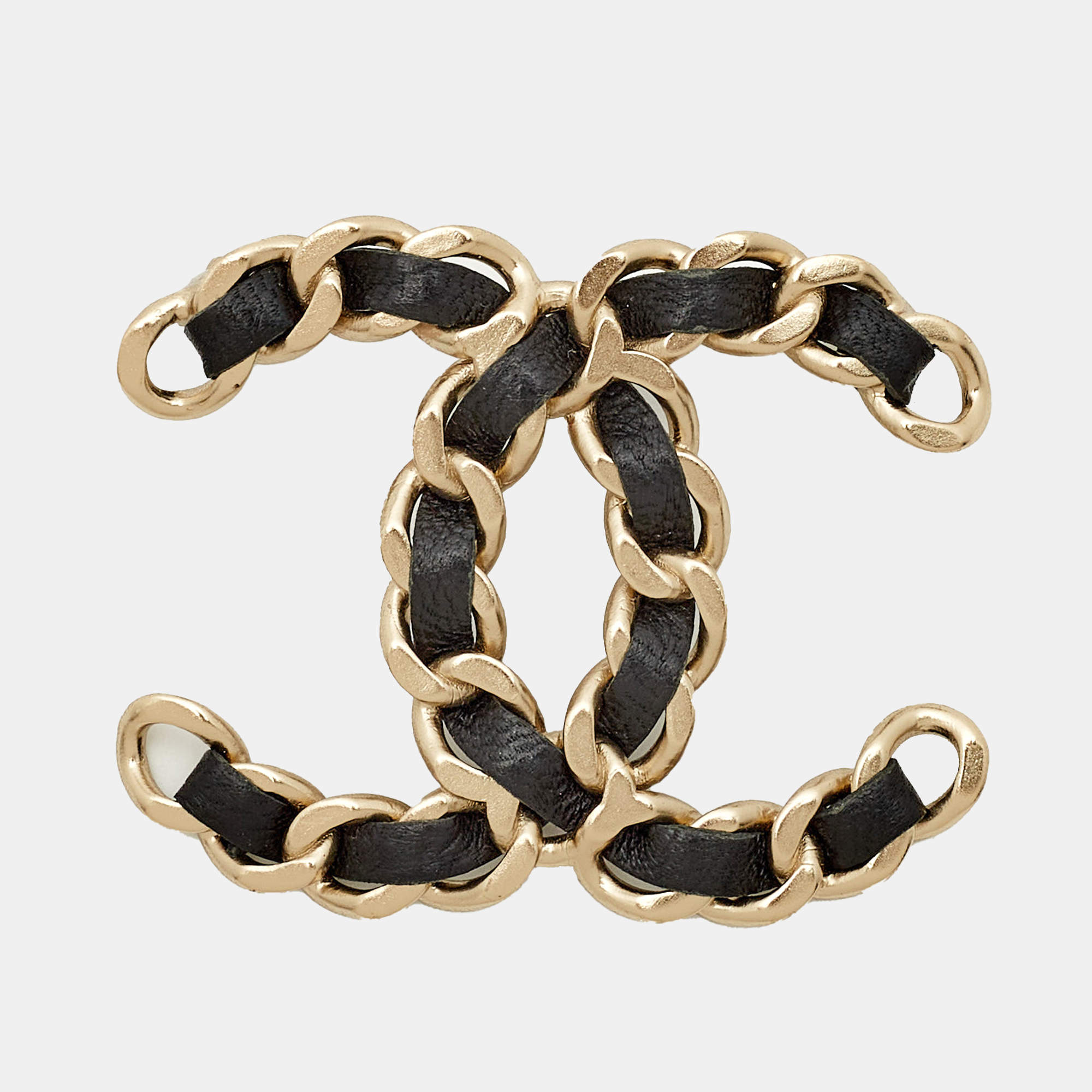 Pre Owned Chanel CC Interwoven Leather Gold Tone Brooch 